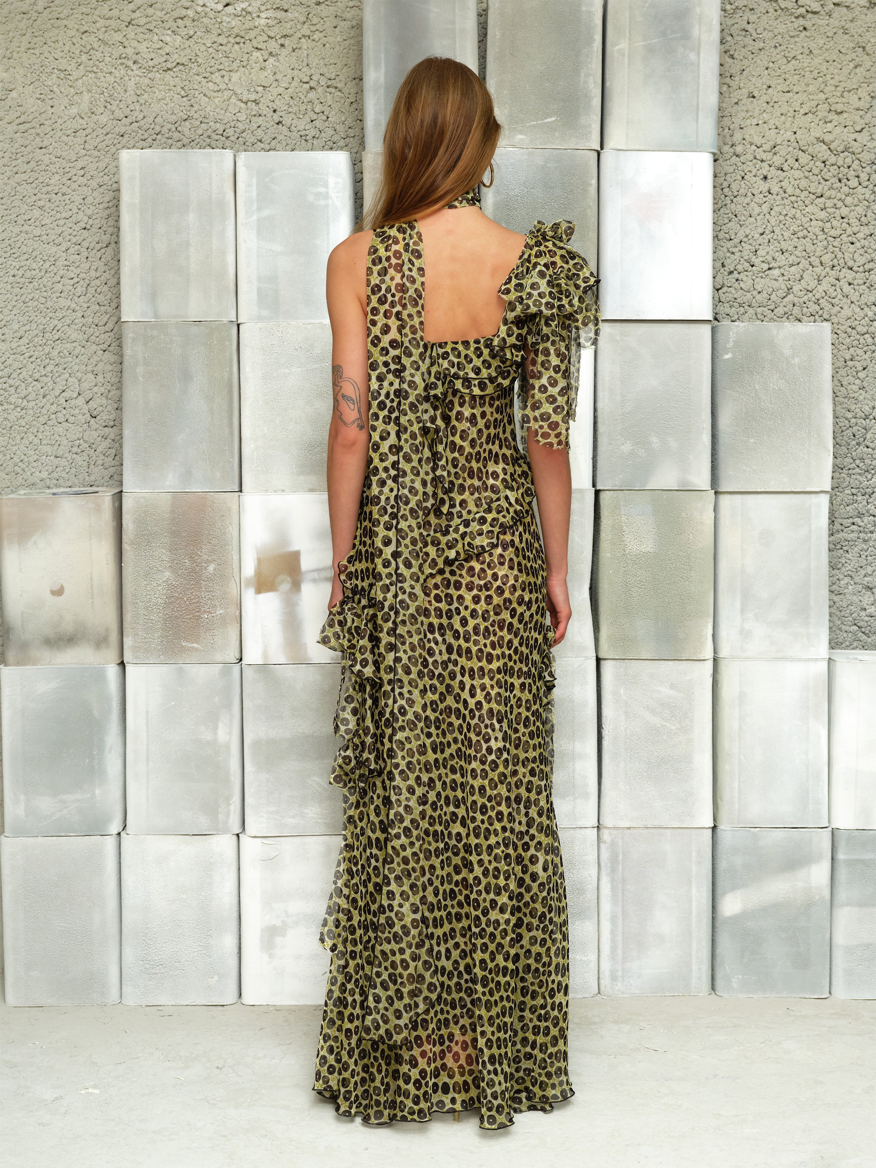 MONICA - Ruffled  chiffon maxi dress with scarf detail