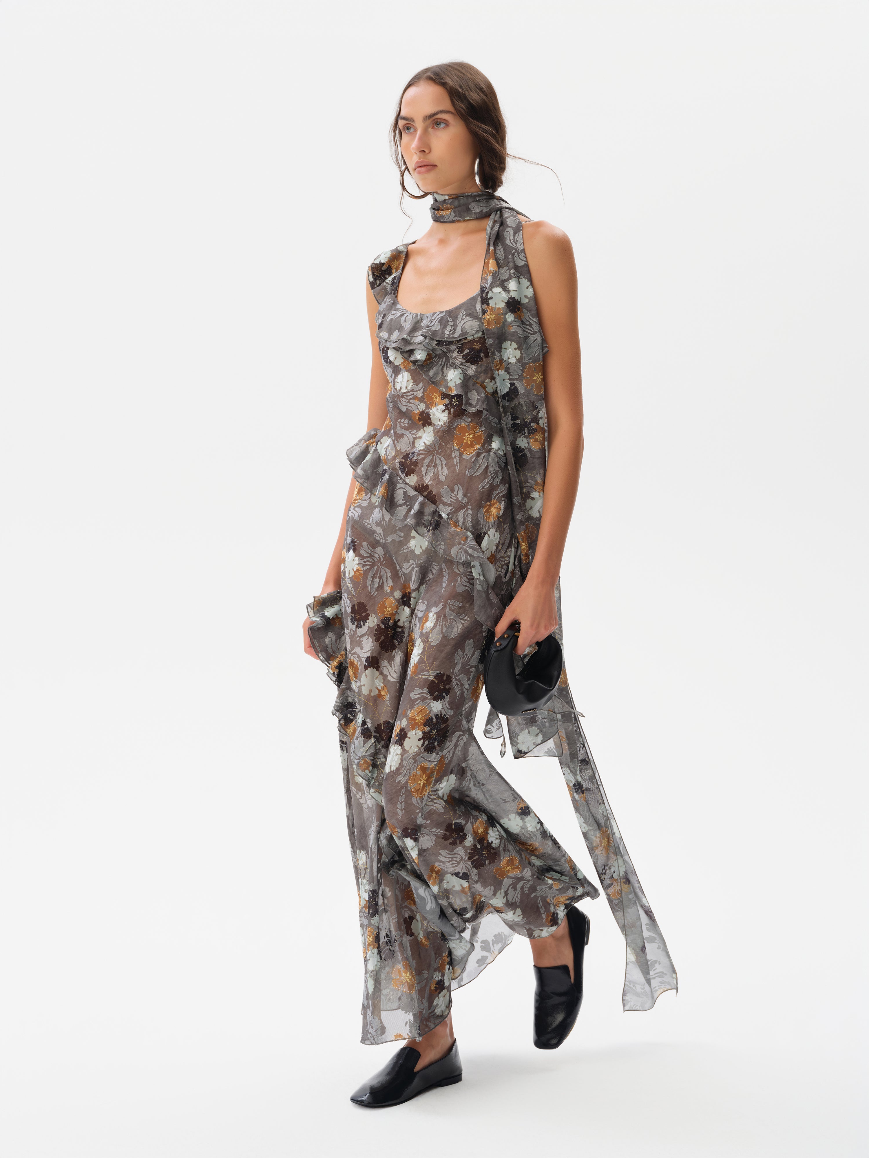 MONICA - Ruffled chiffon maxi dress with devoré detail