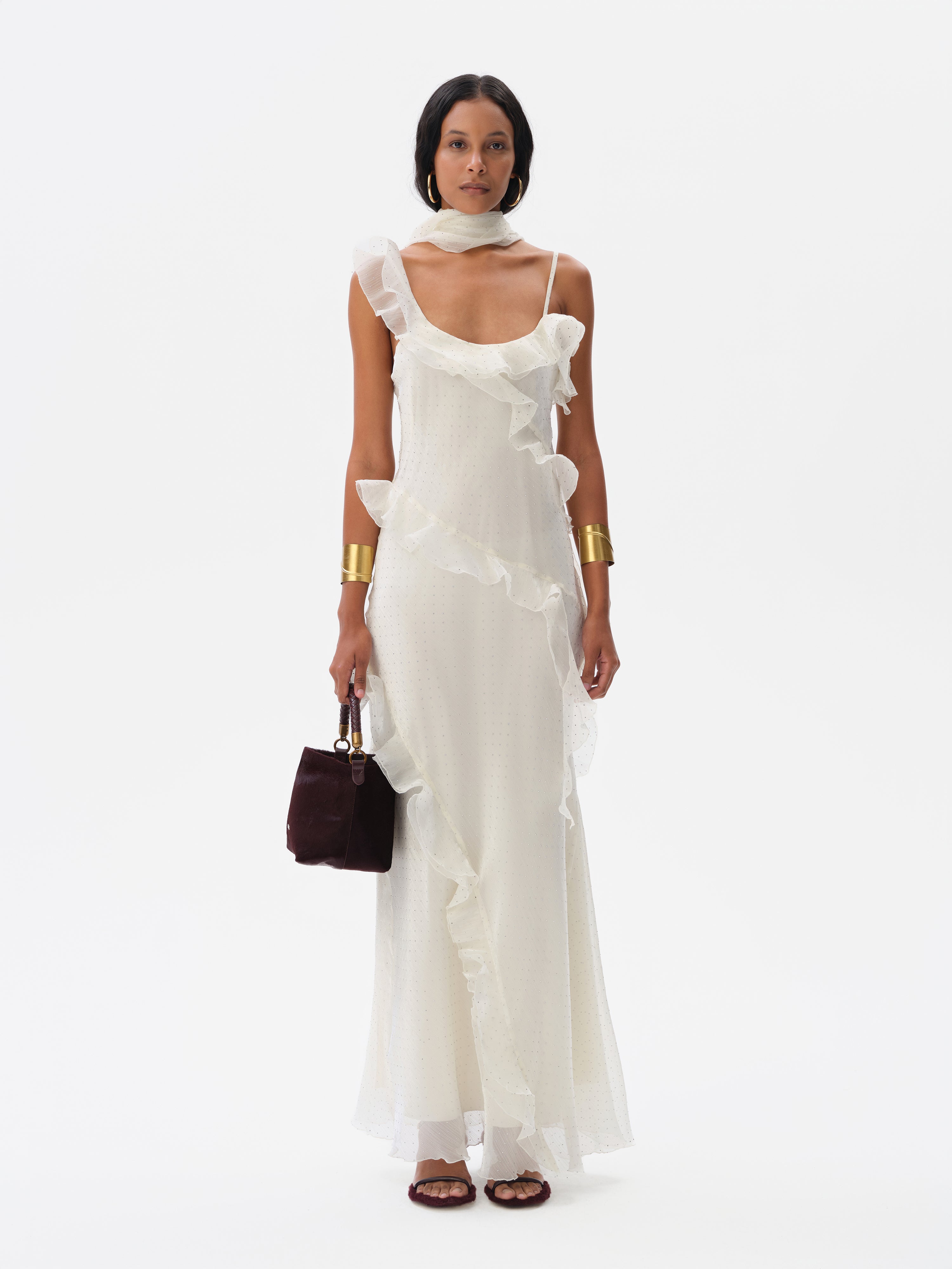 MONICA - Ruffled chiffon glitter maxi dress