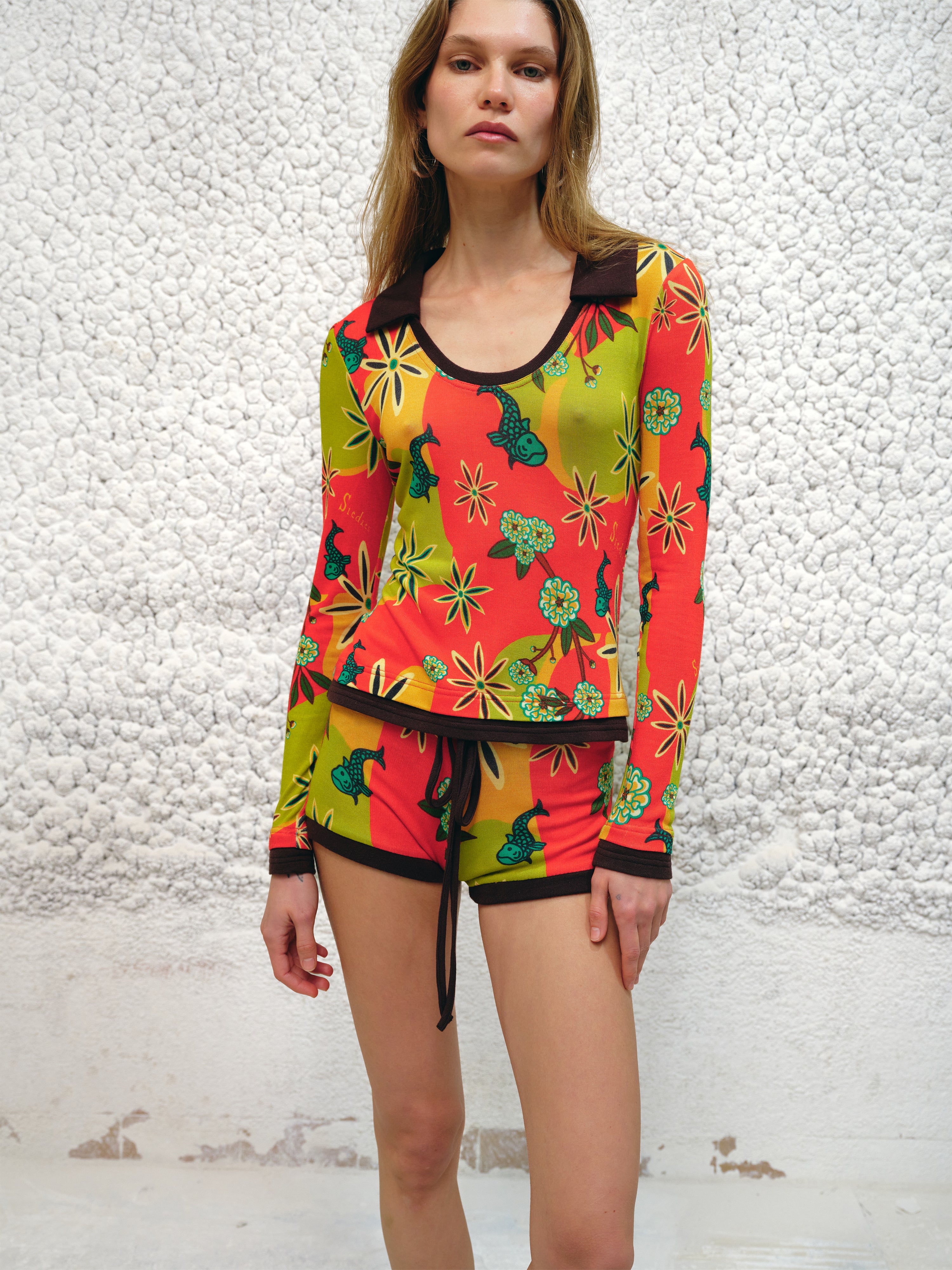 PALMA - Printed fitted top with contrast collar