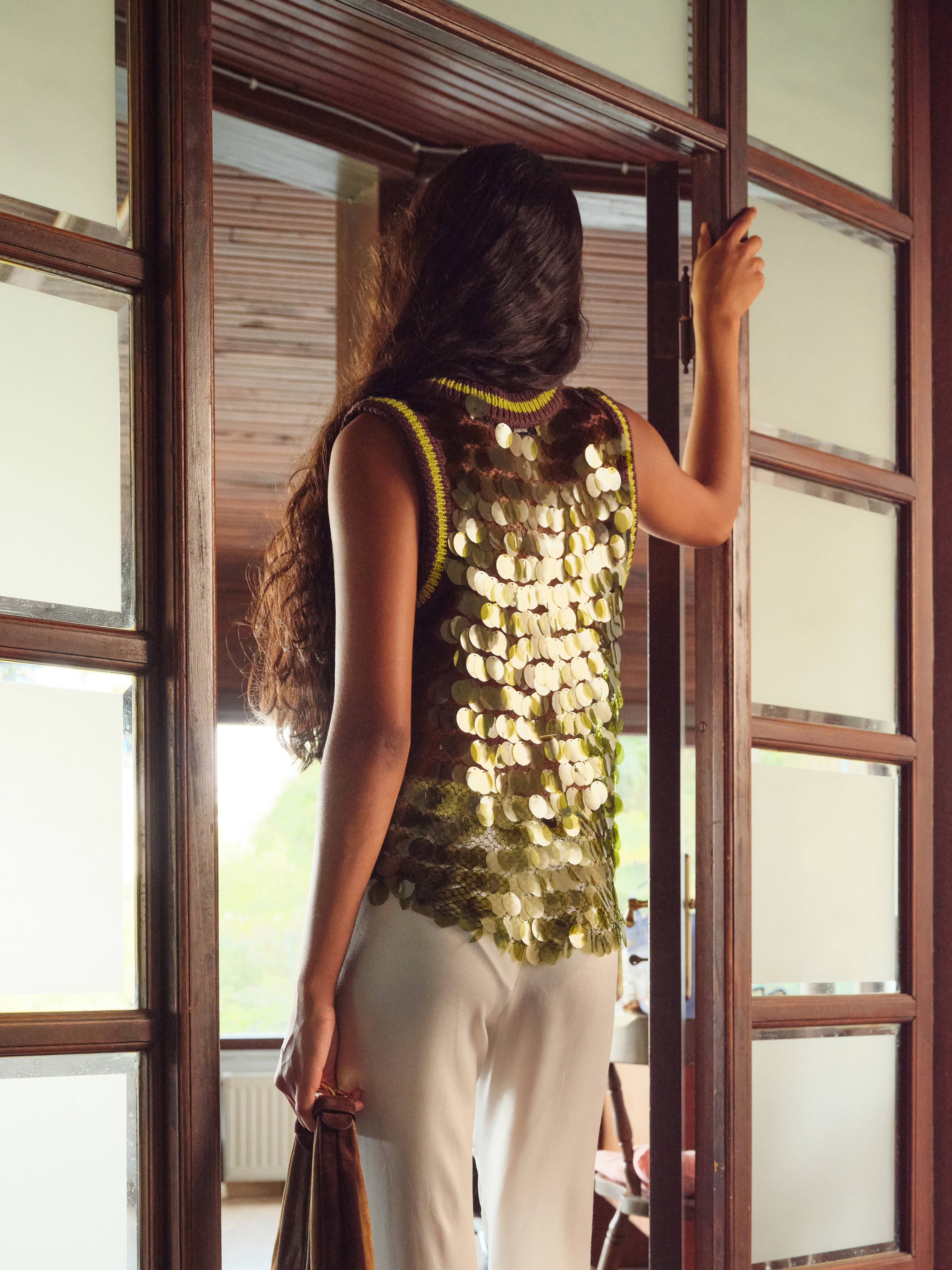 PLUME - Sleeveless sequin top with striped crochet neckline