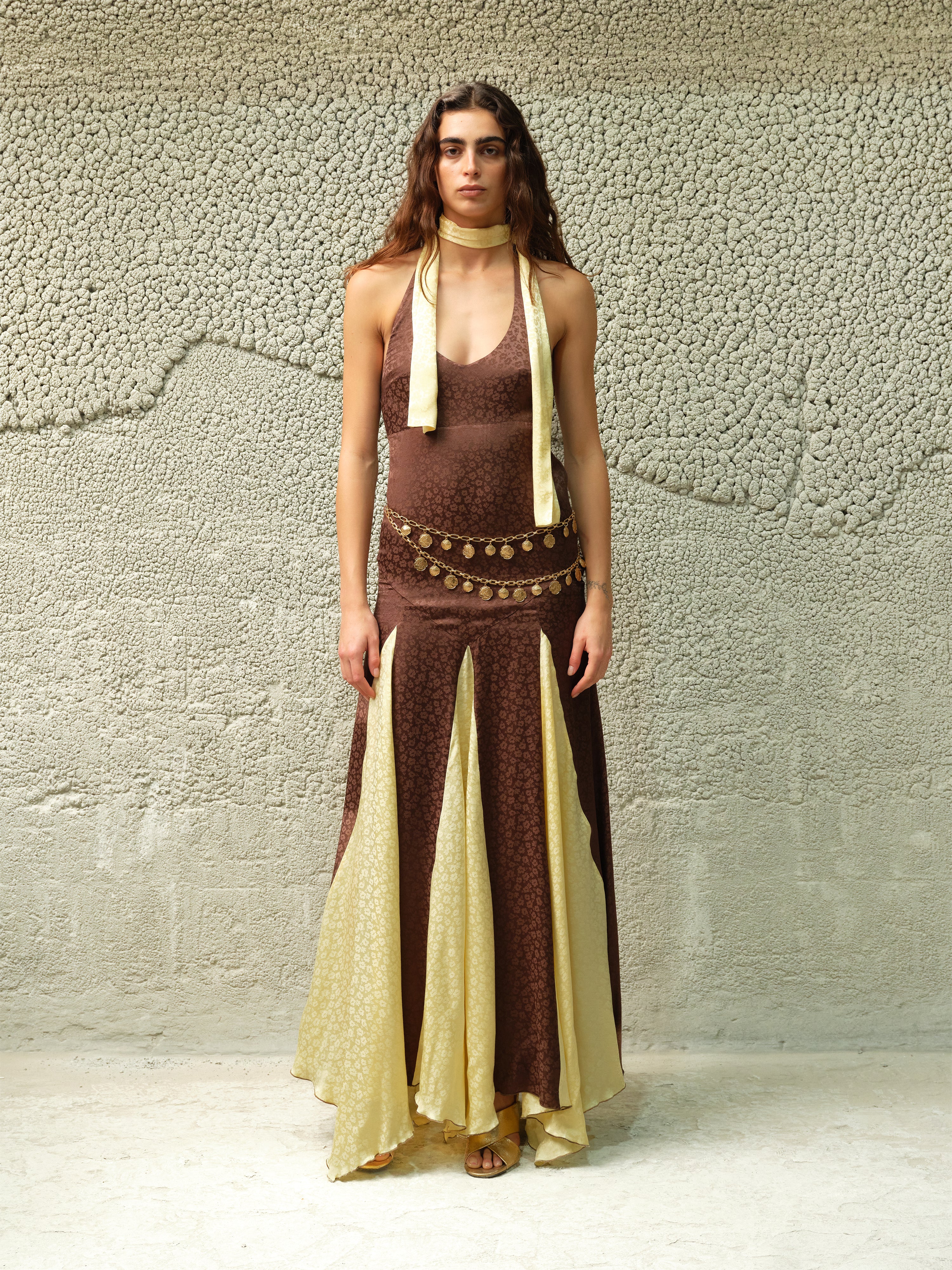RAYE - Floral jacquard satin halter neck maxi dress