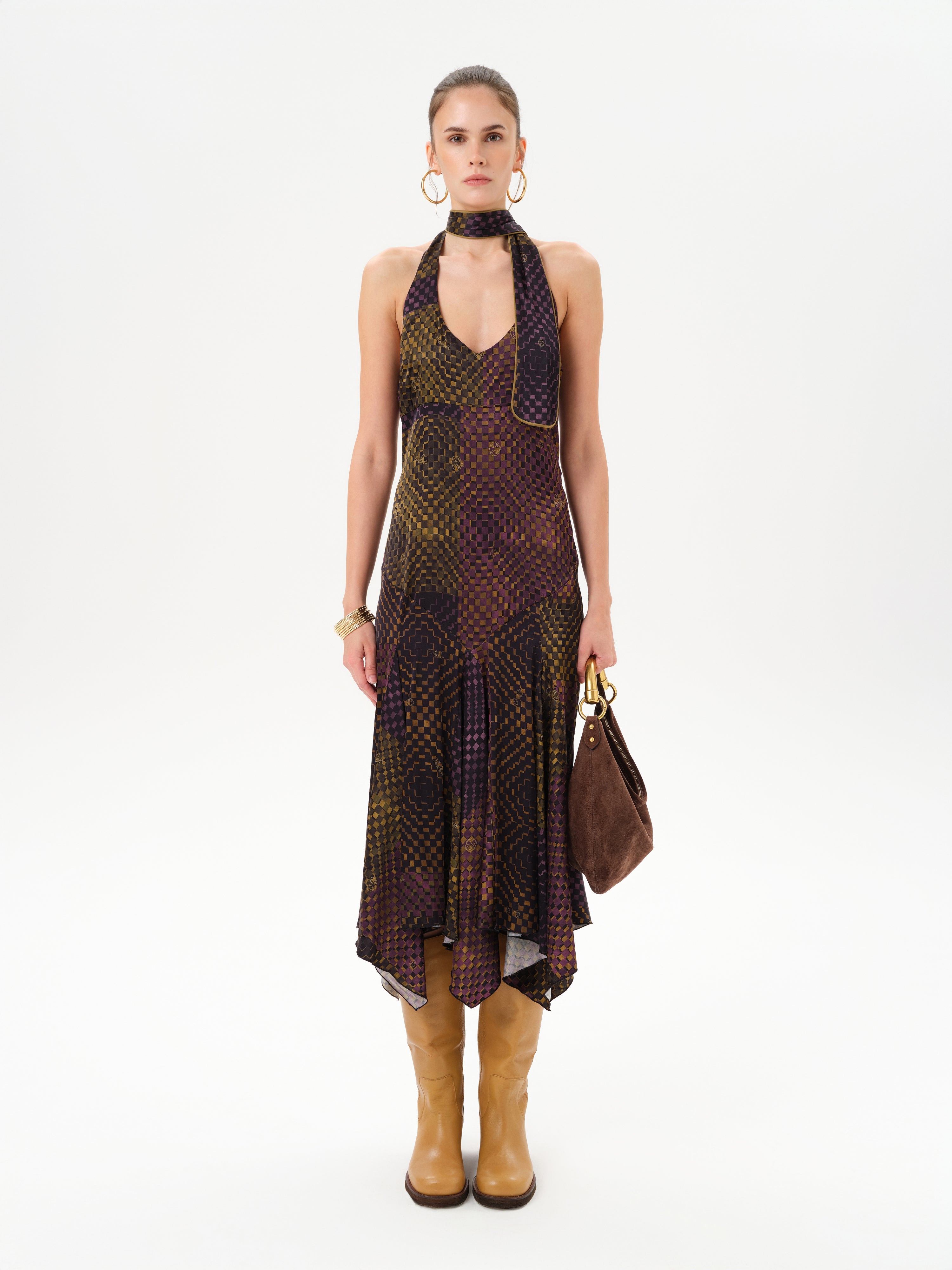RAYE - Printed halter neck midi satin dress