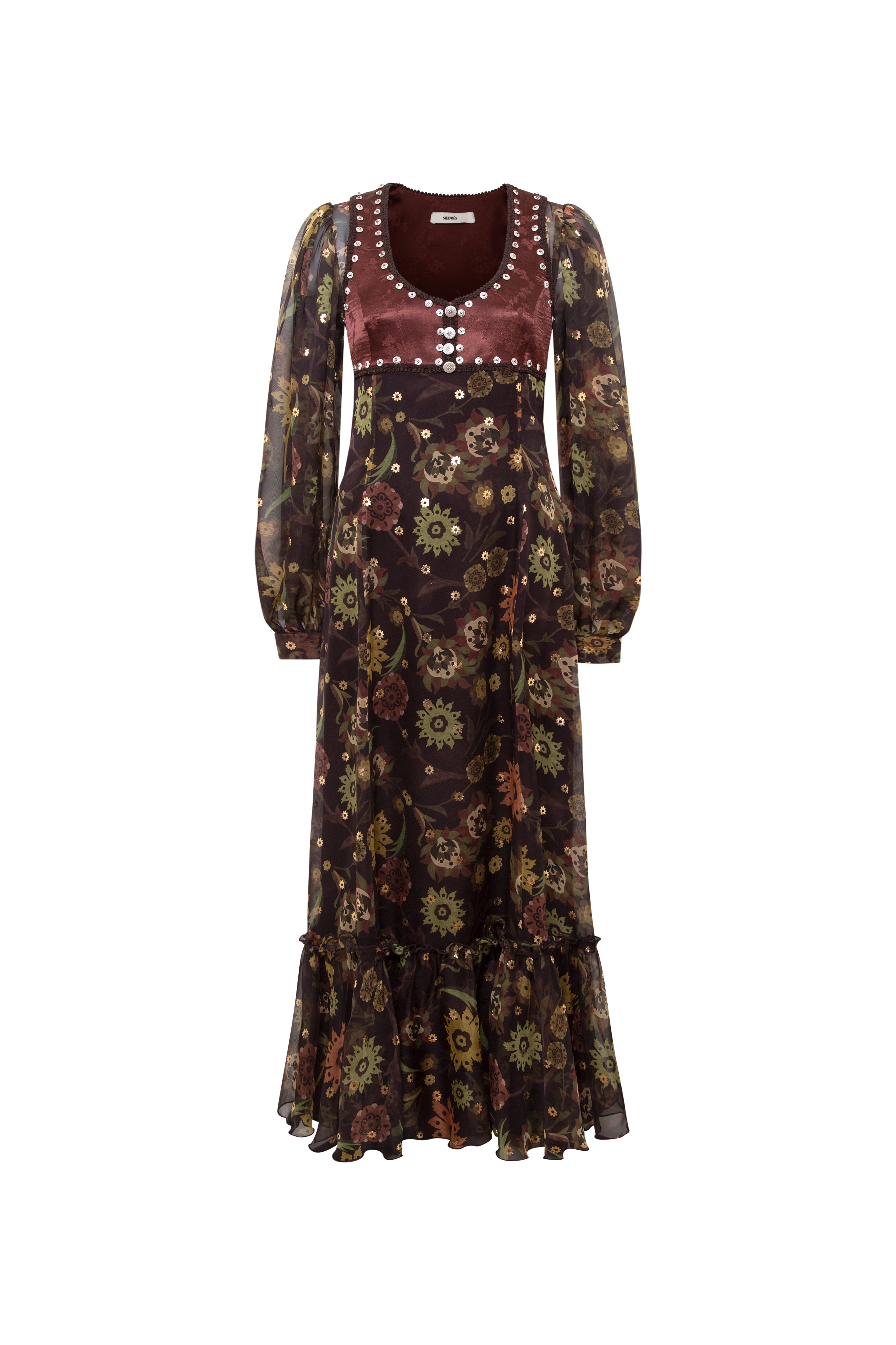 SERICA - Maxi dress with gold detailing and ruffled hem
