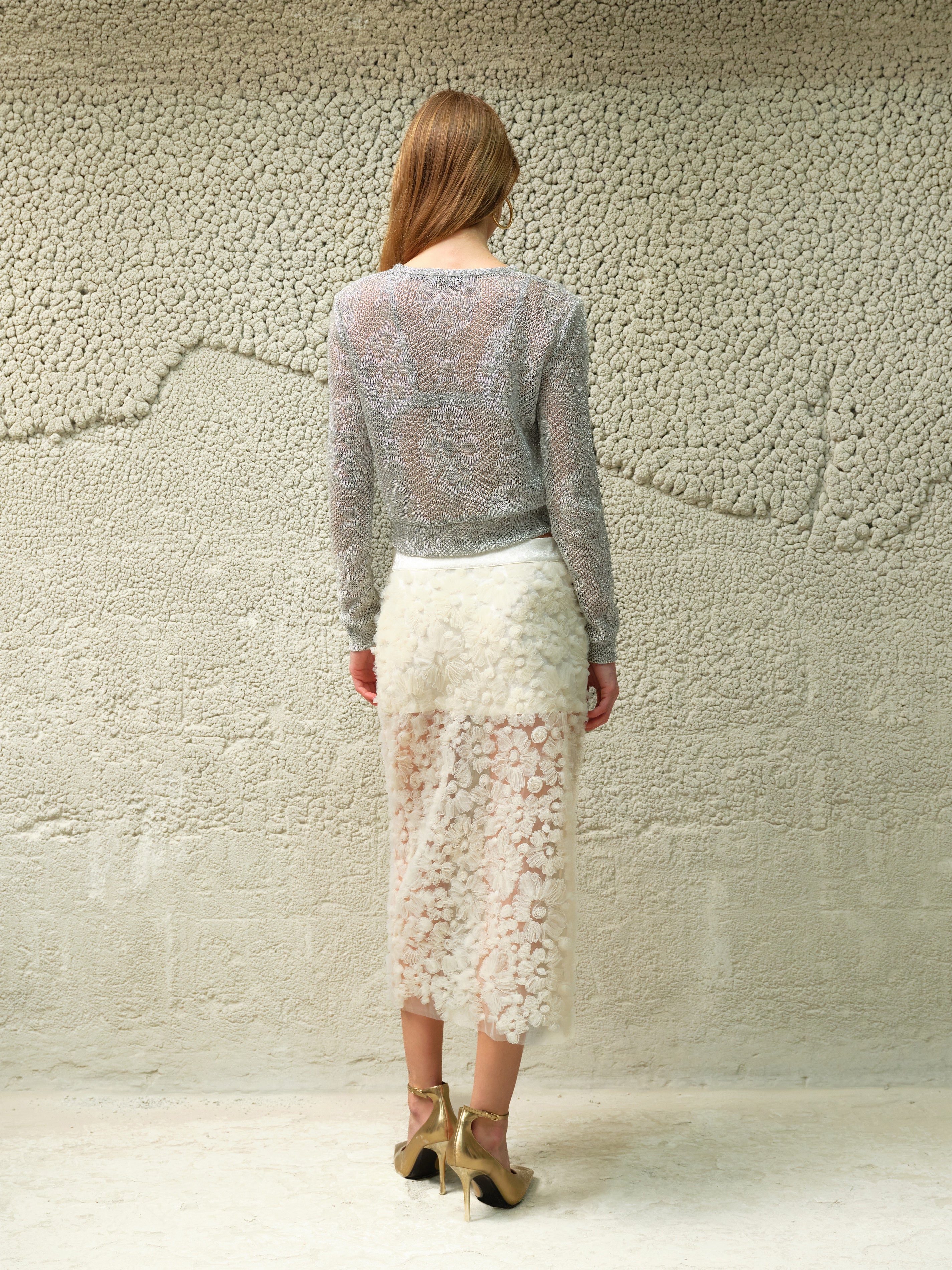 SIAM - Sheer tulle flower appliqué midi skirt