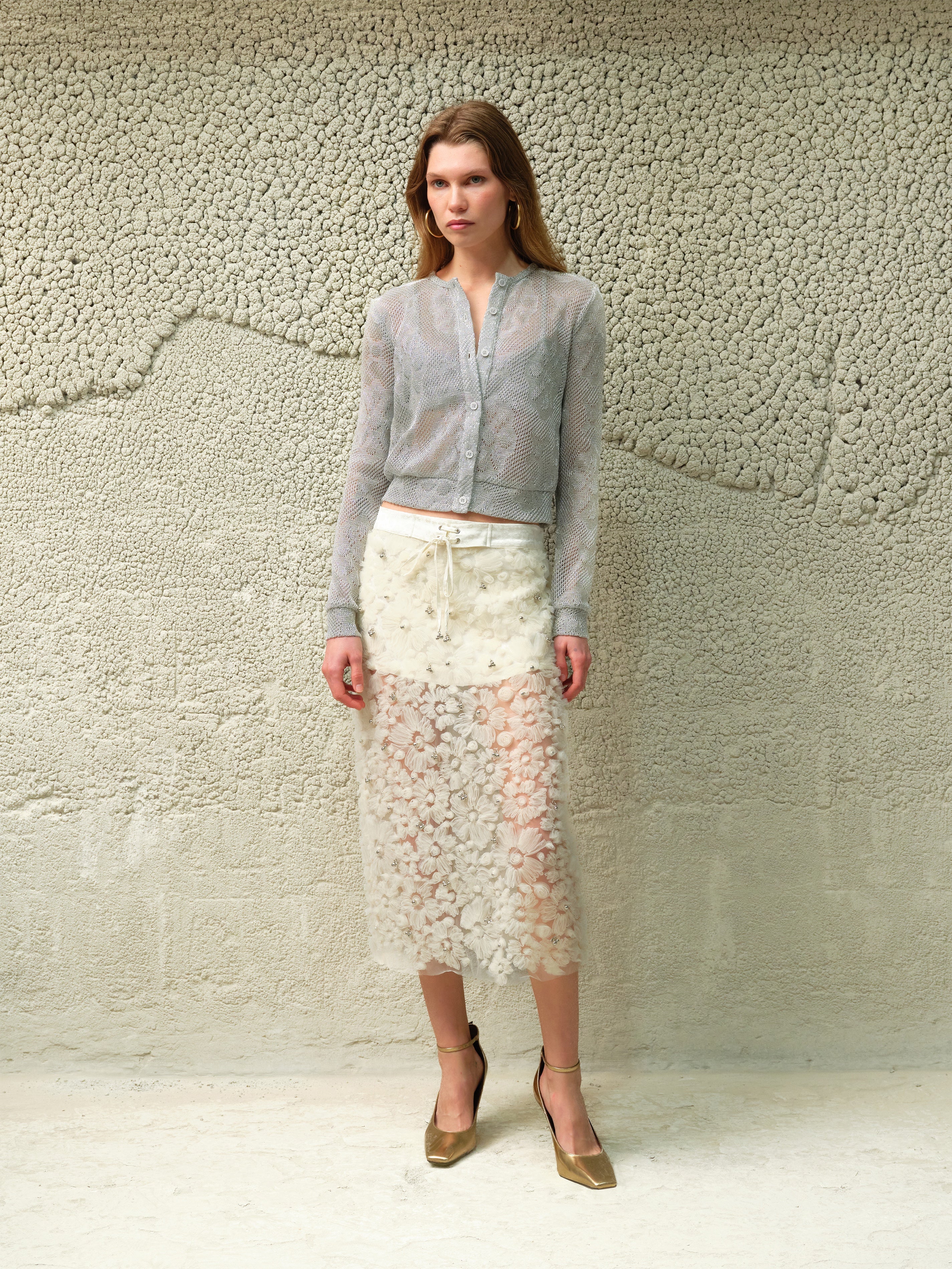 SIAM - Sheer tulle flower appliqué midi skirt