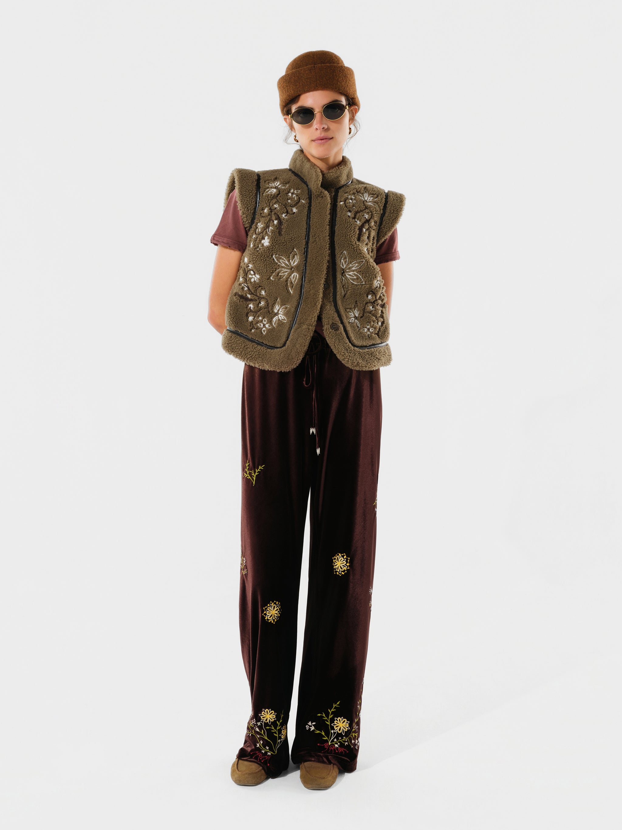 MANOCE - Embroidered velvet straight-leg pants