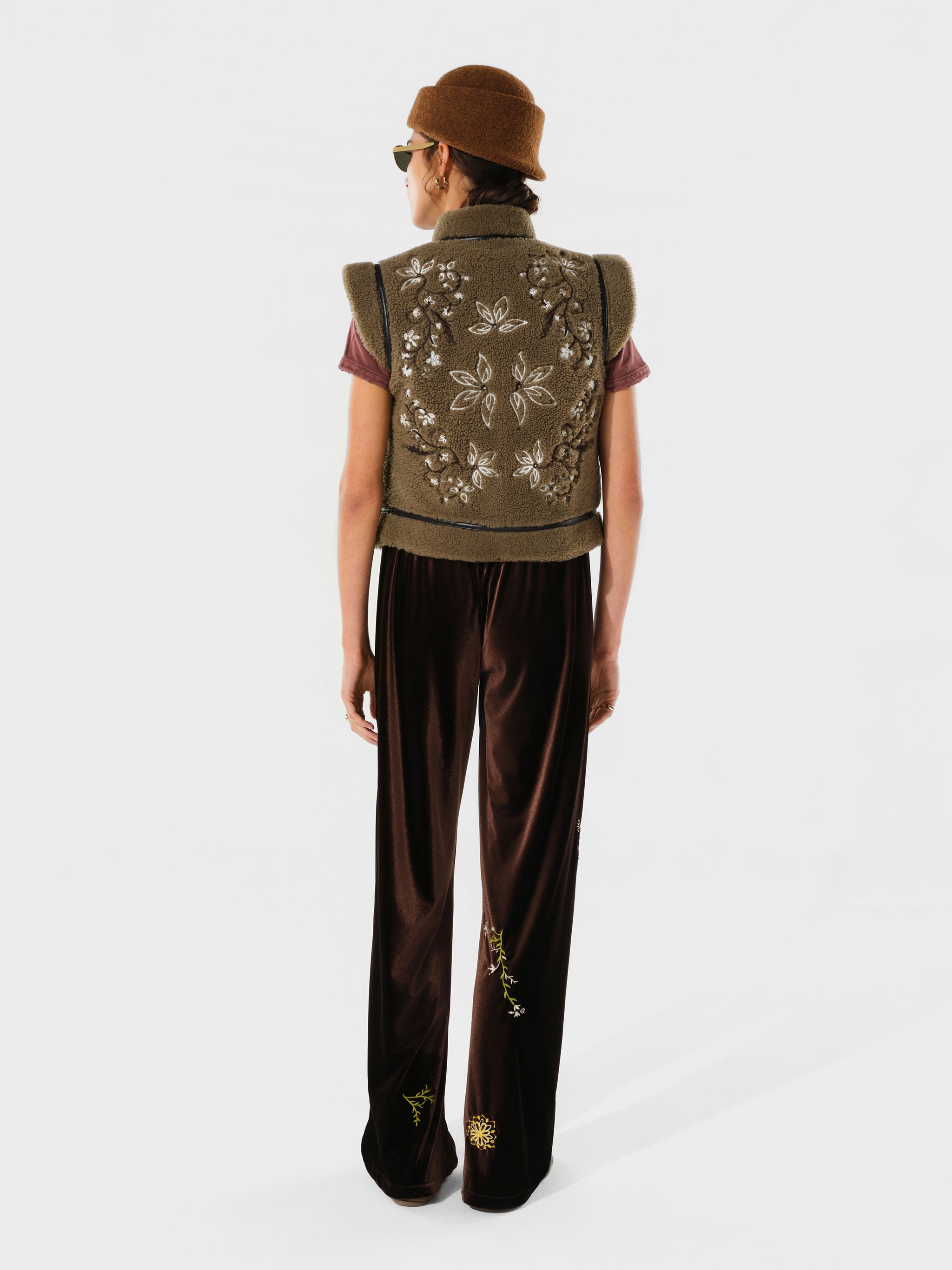 VALENTINA - Embroidered shearling vest with leather trim