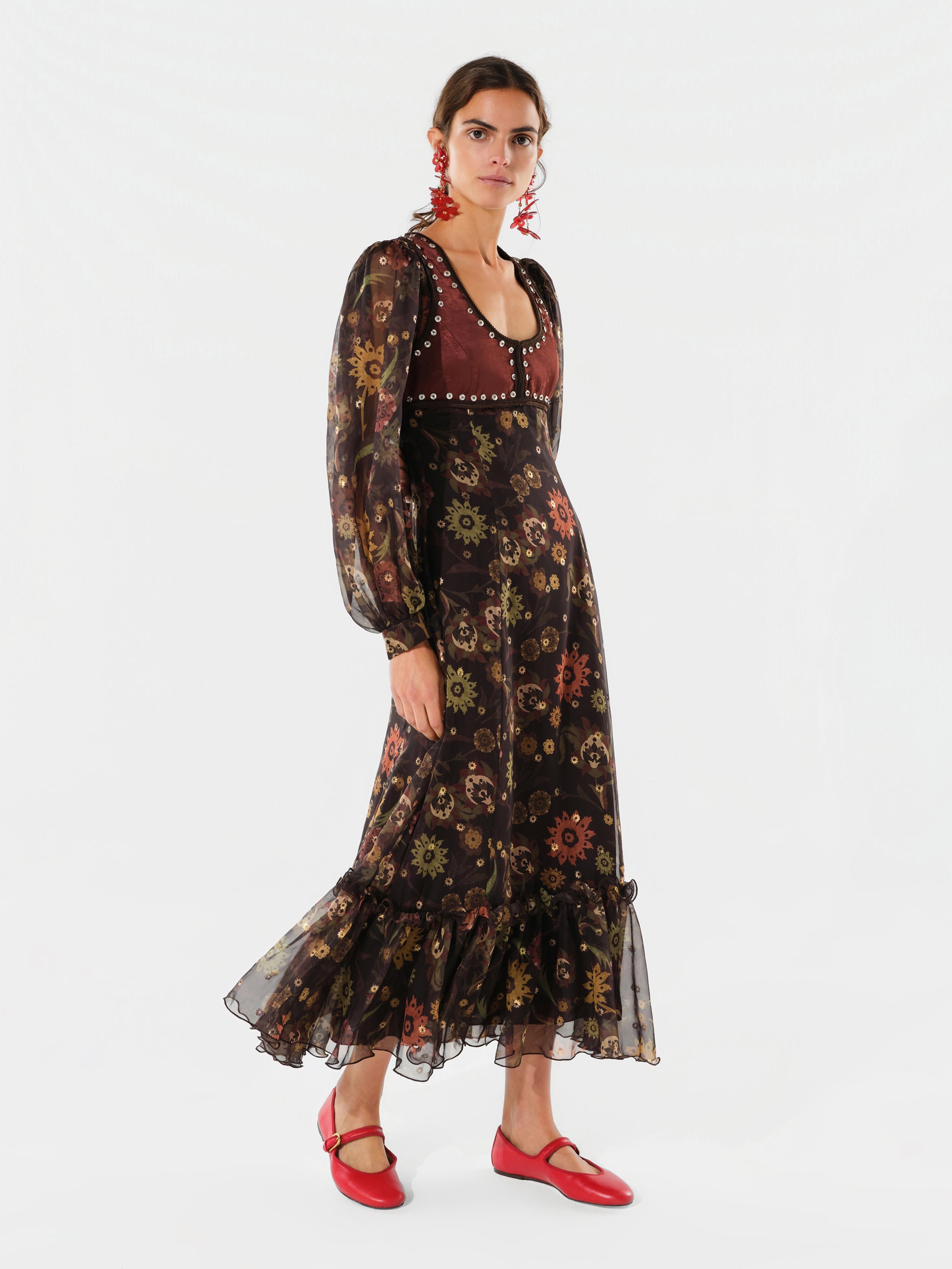 SERICA - Maxi dress with gold detailing and ruffled hem