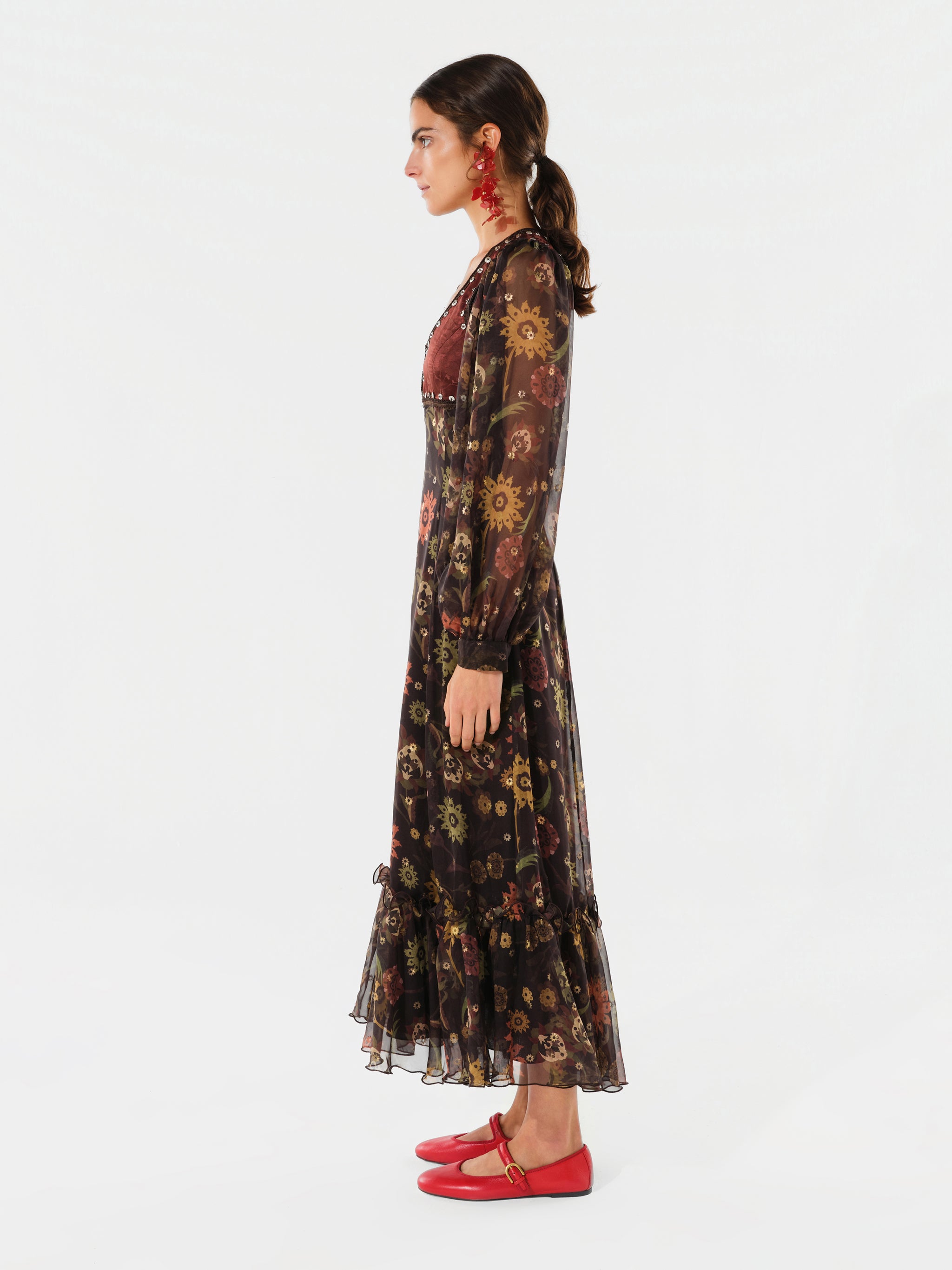 SERICA - Maxi dress with gold detailing and ruffled hem