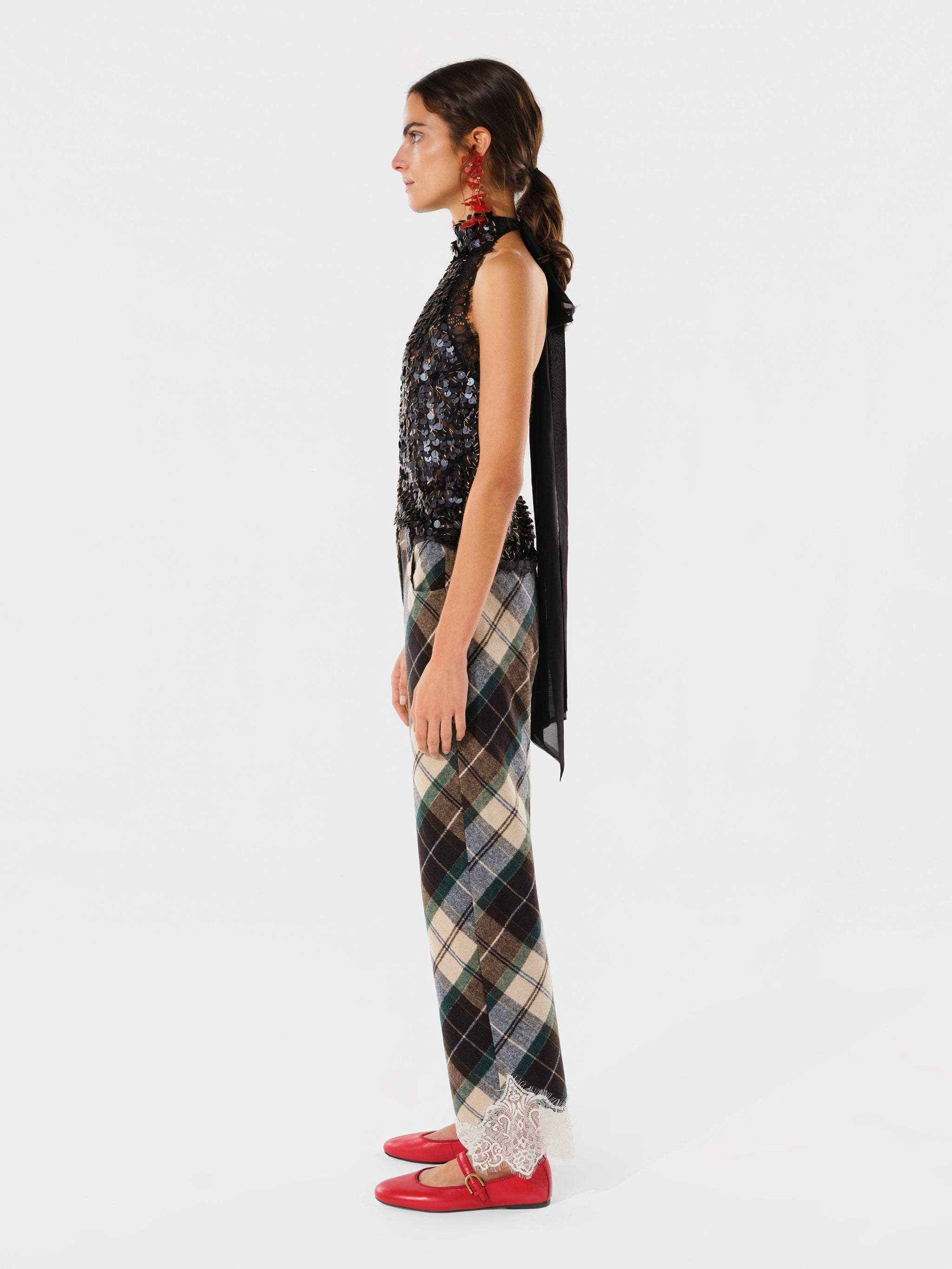 VIVIENNE - Wool blend pants with lace-trimmed hem