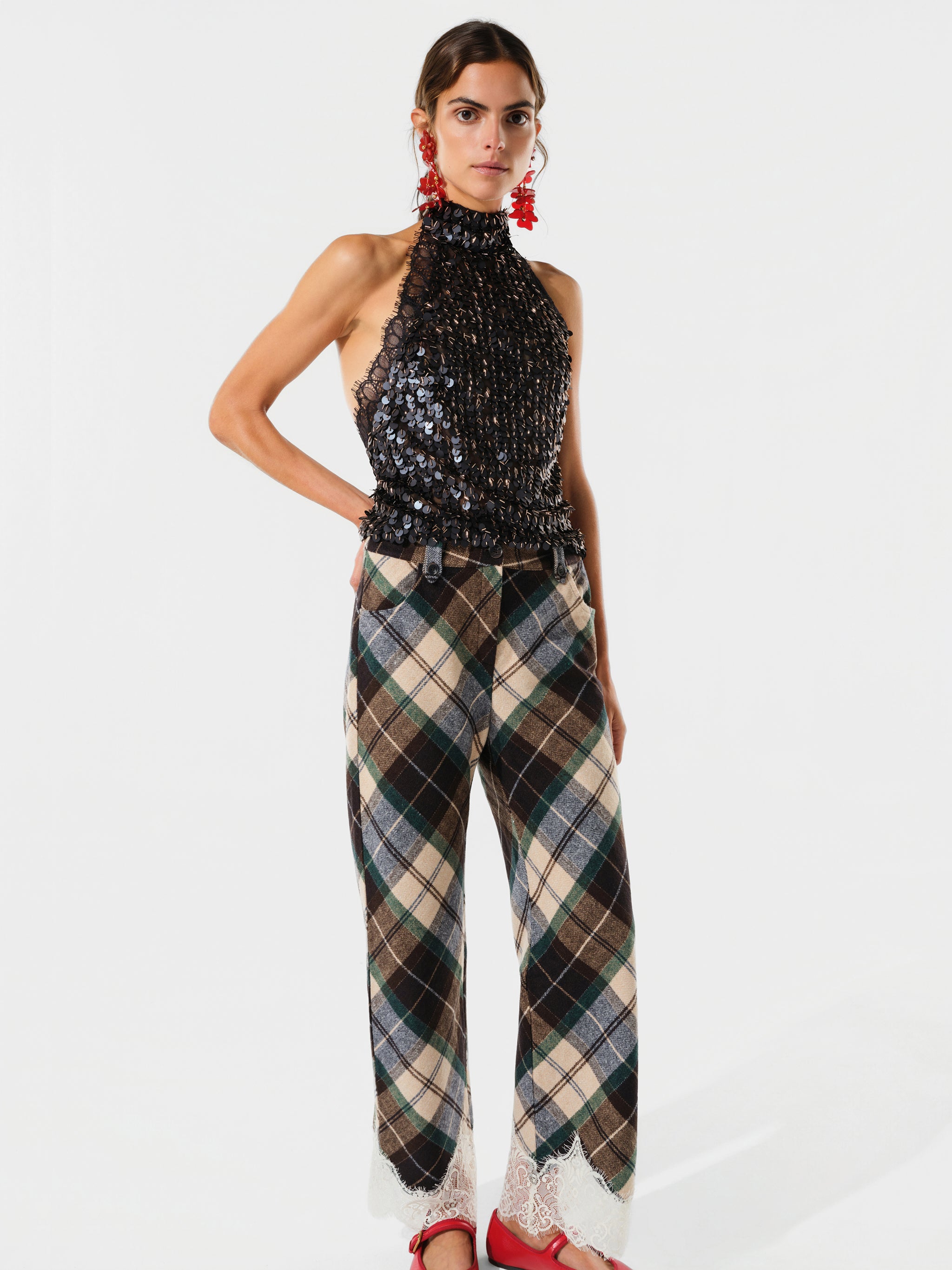 VIVIENNE - Wool blend pants with lace-trimmed hem