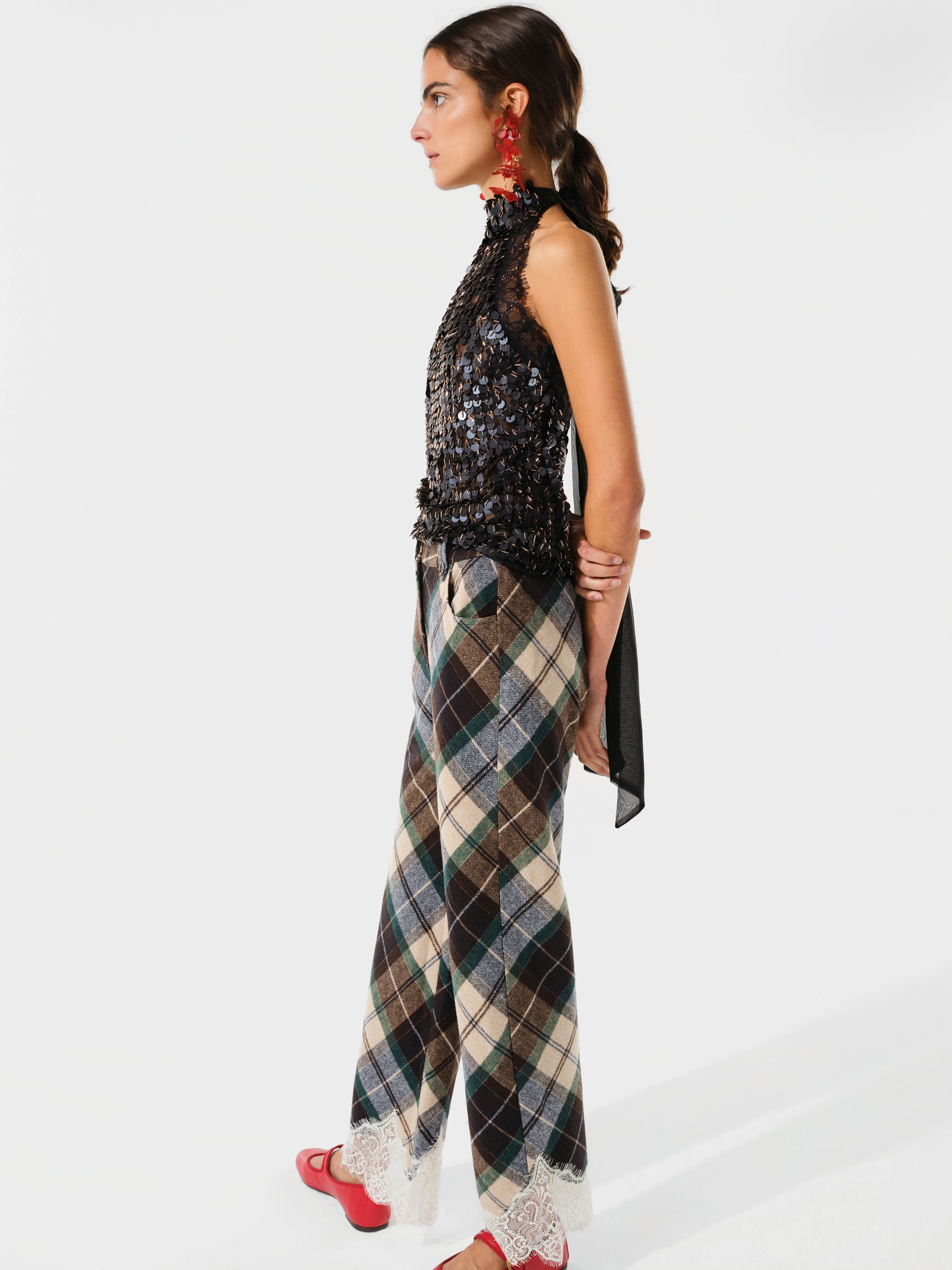 VIVIENNE - Wool blend pants with lace-trimmed hem