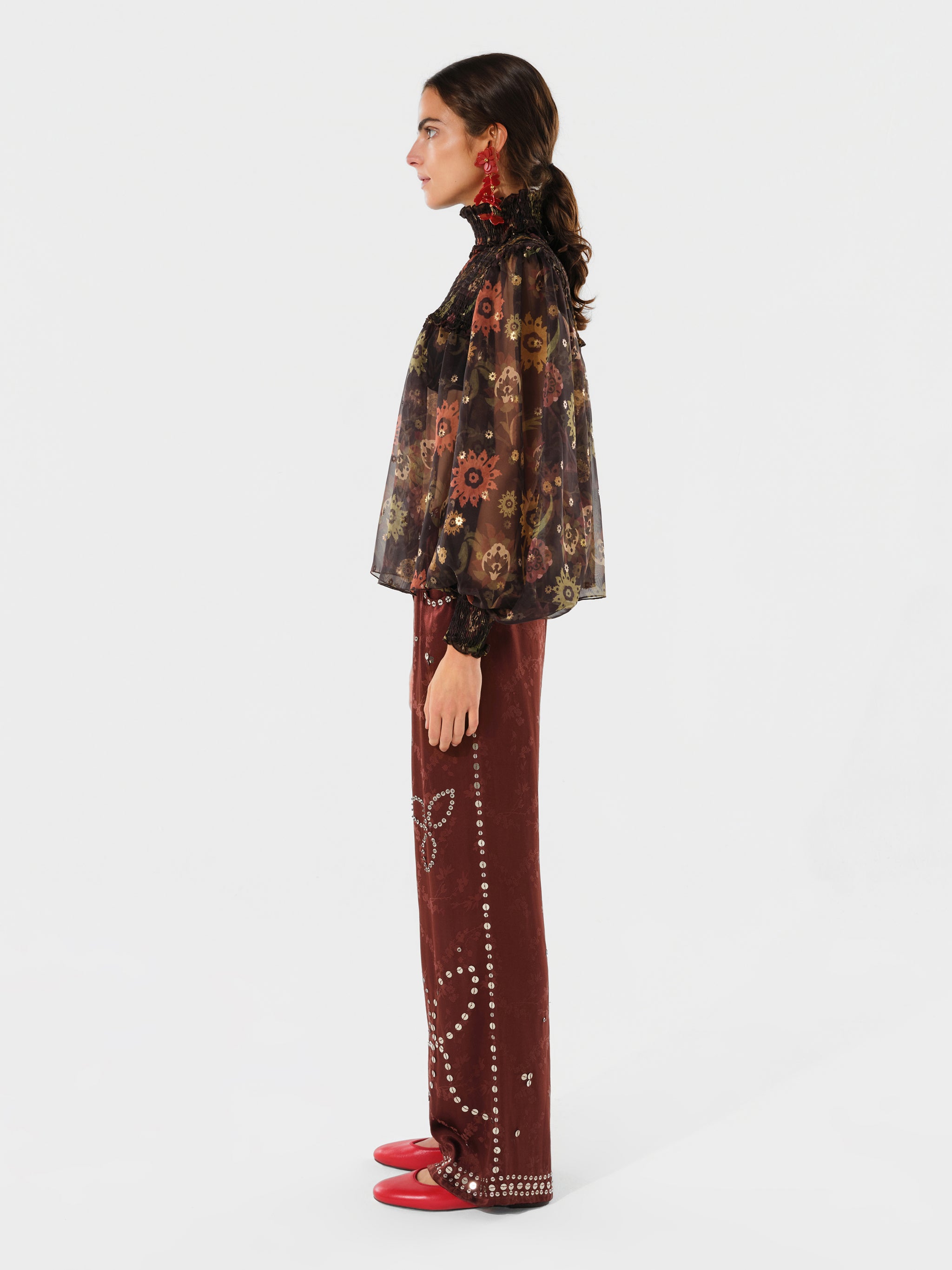MIRELLE - Floral Printed sheer long-sleeve blouse