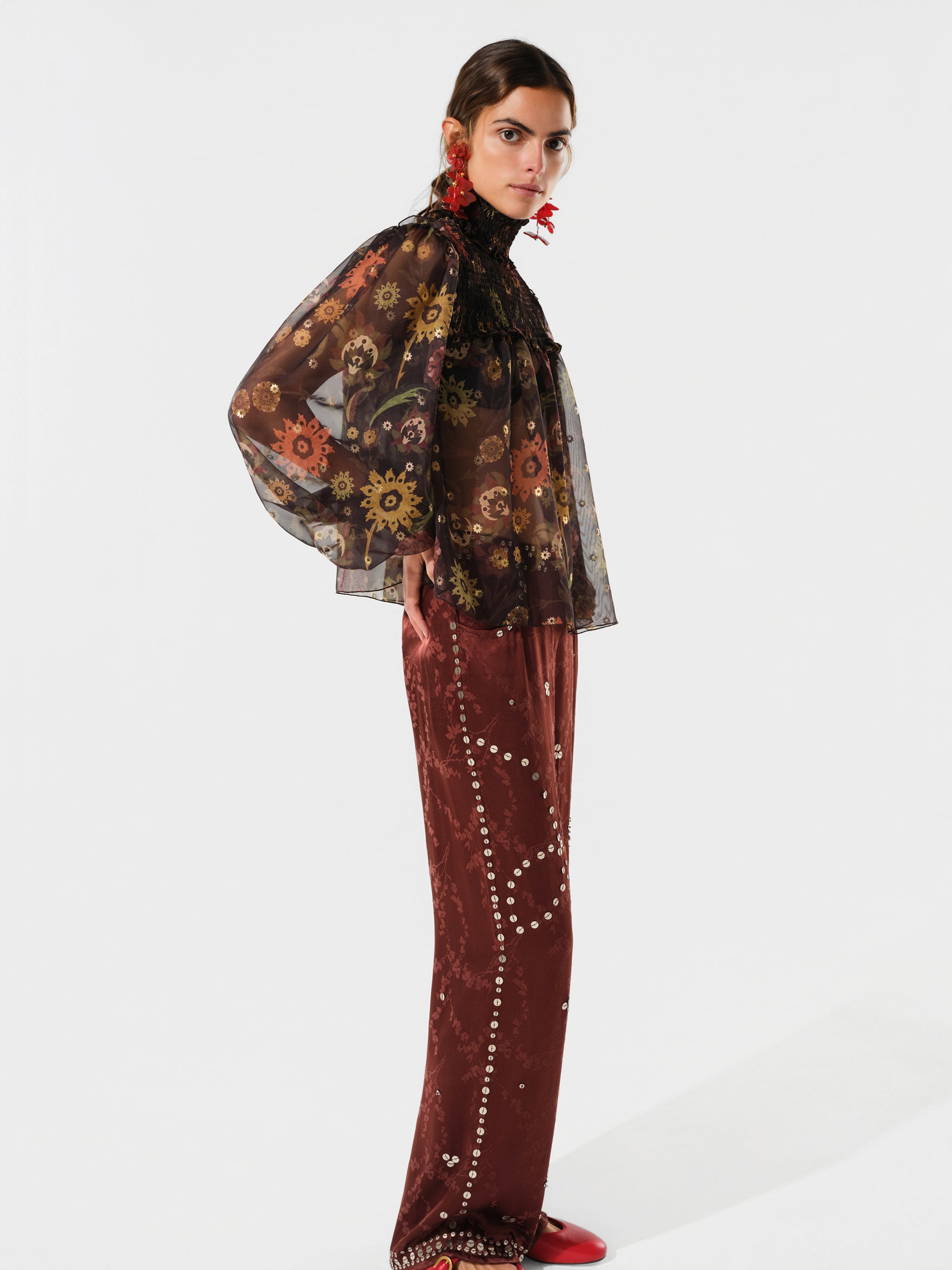 MIRELLE - Floral Printed sheer long-sleeve blouse