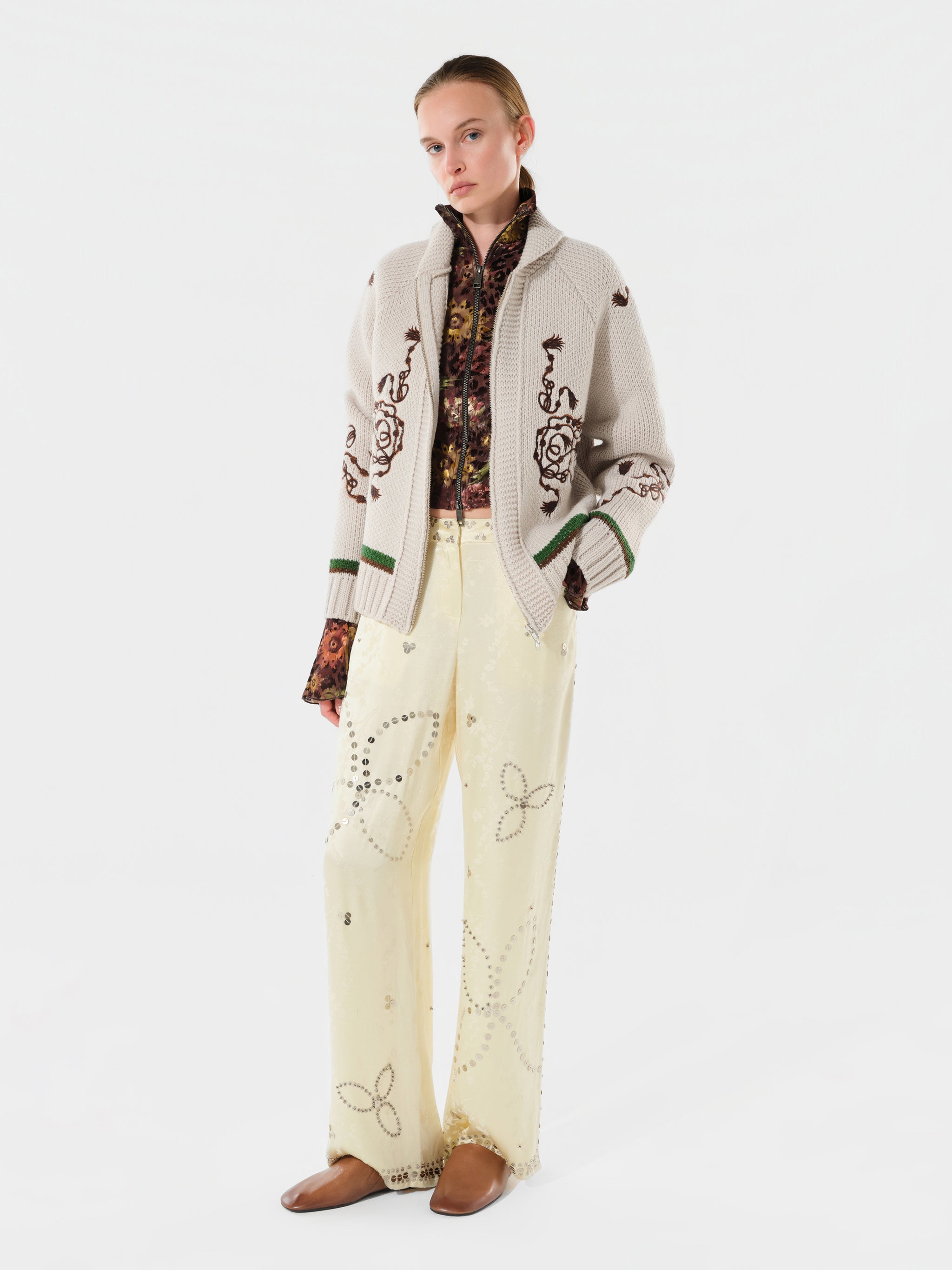 NIASA - Zip-up embroidered knit cardigan