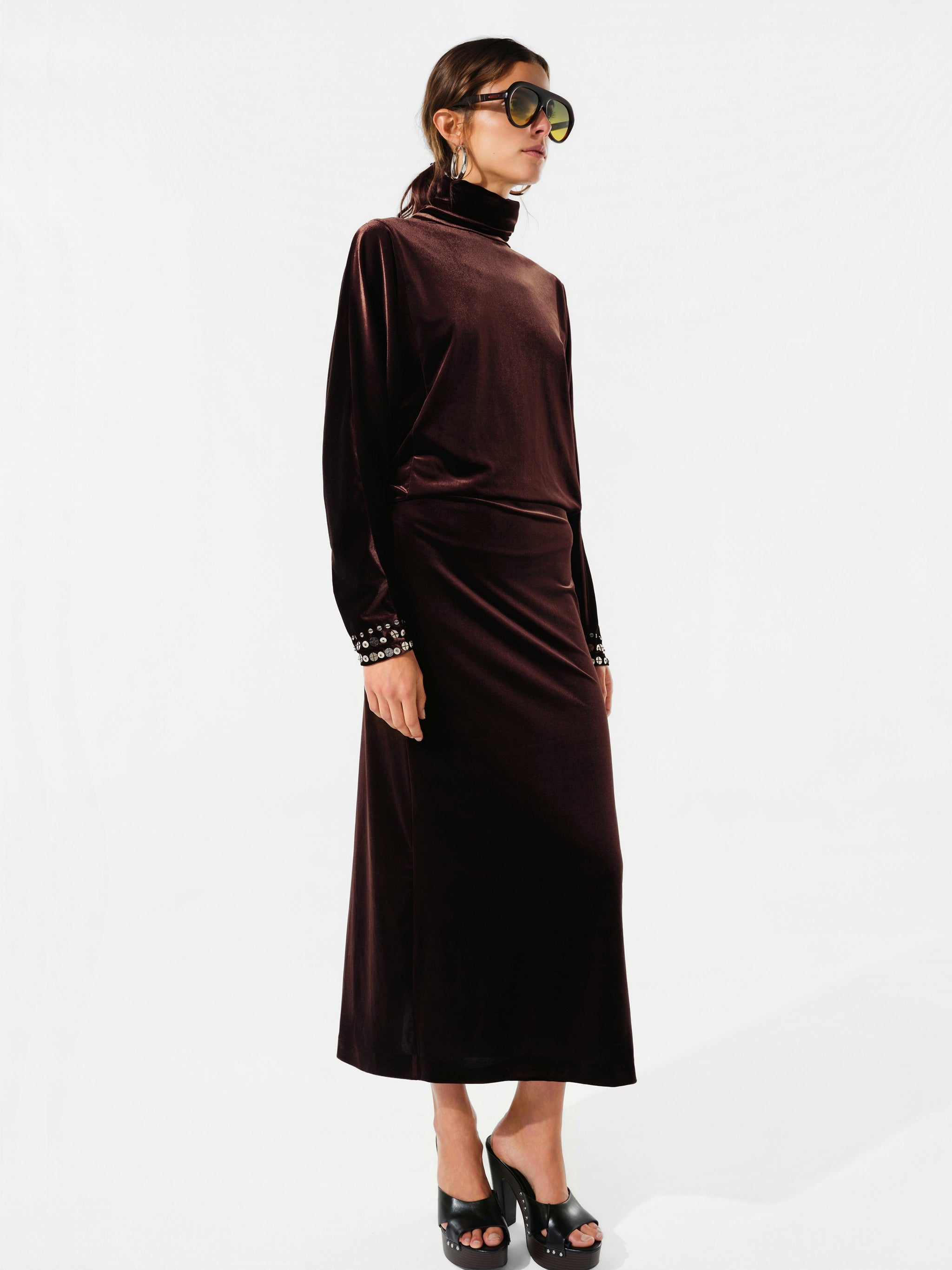 ANETTE - Draped velvet maxi dress with cape collar