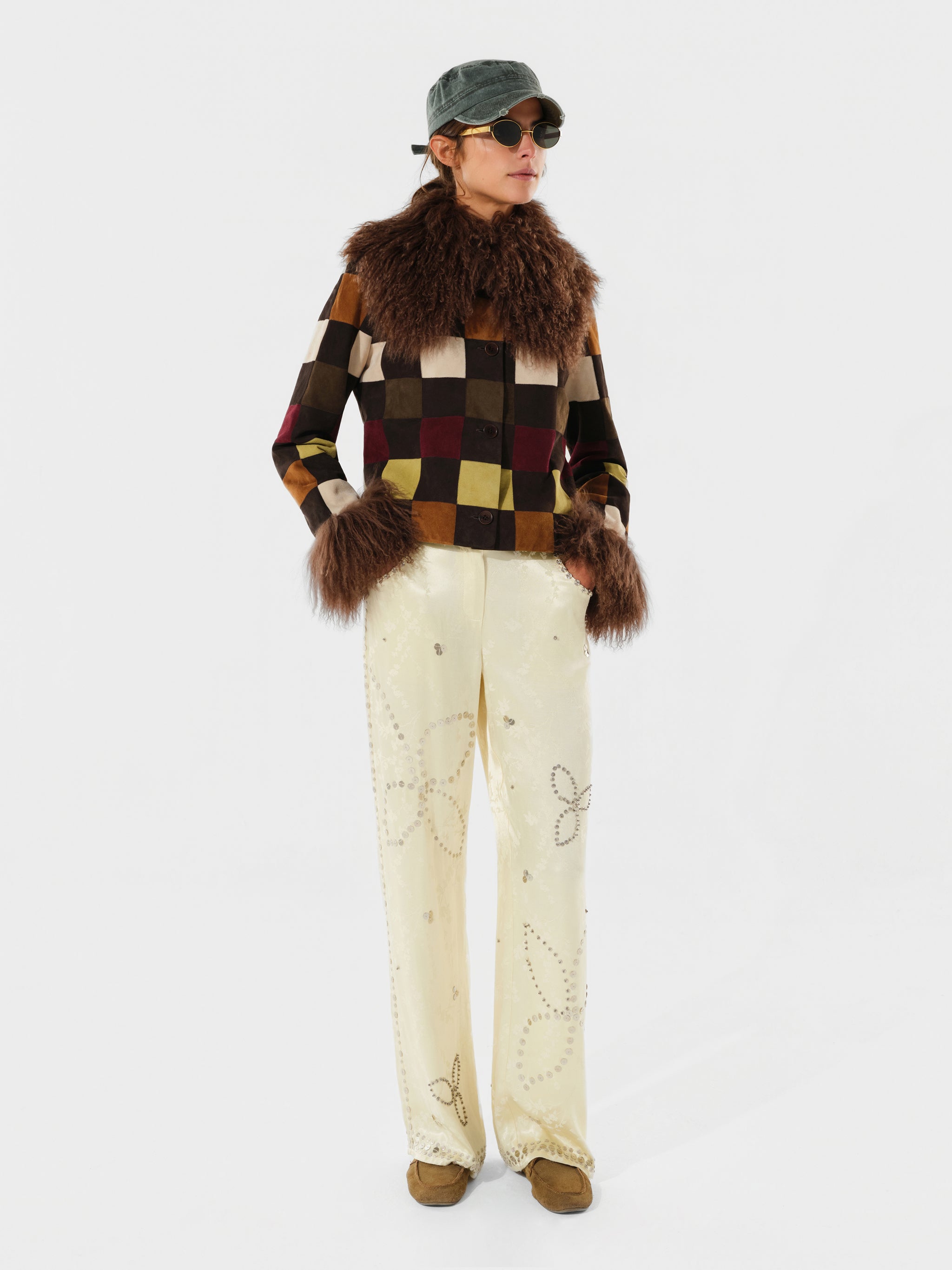 RONCH - Checkered fur-trim cropped jacket
