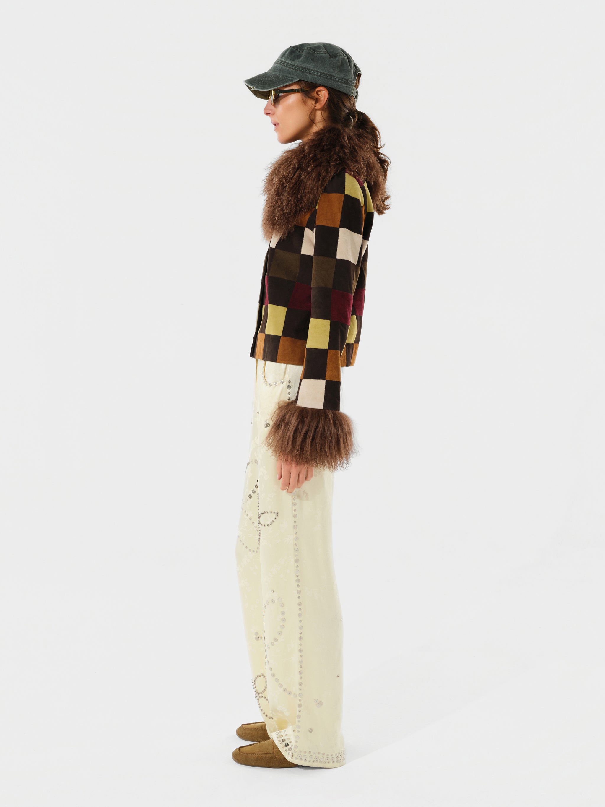 RONCH - Checkered fur-trim cropped jacket