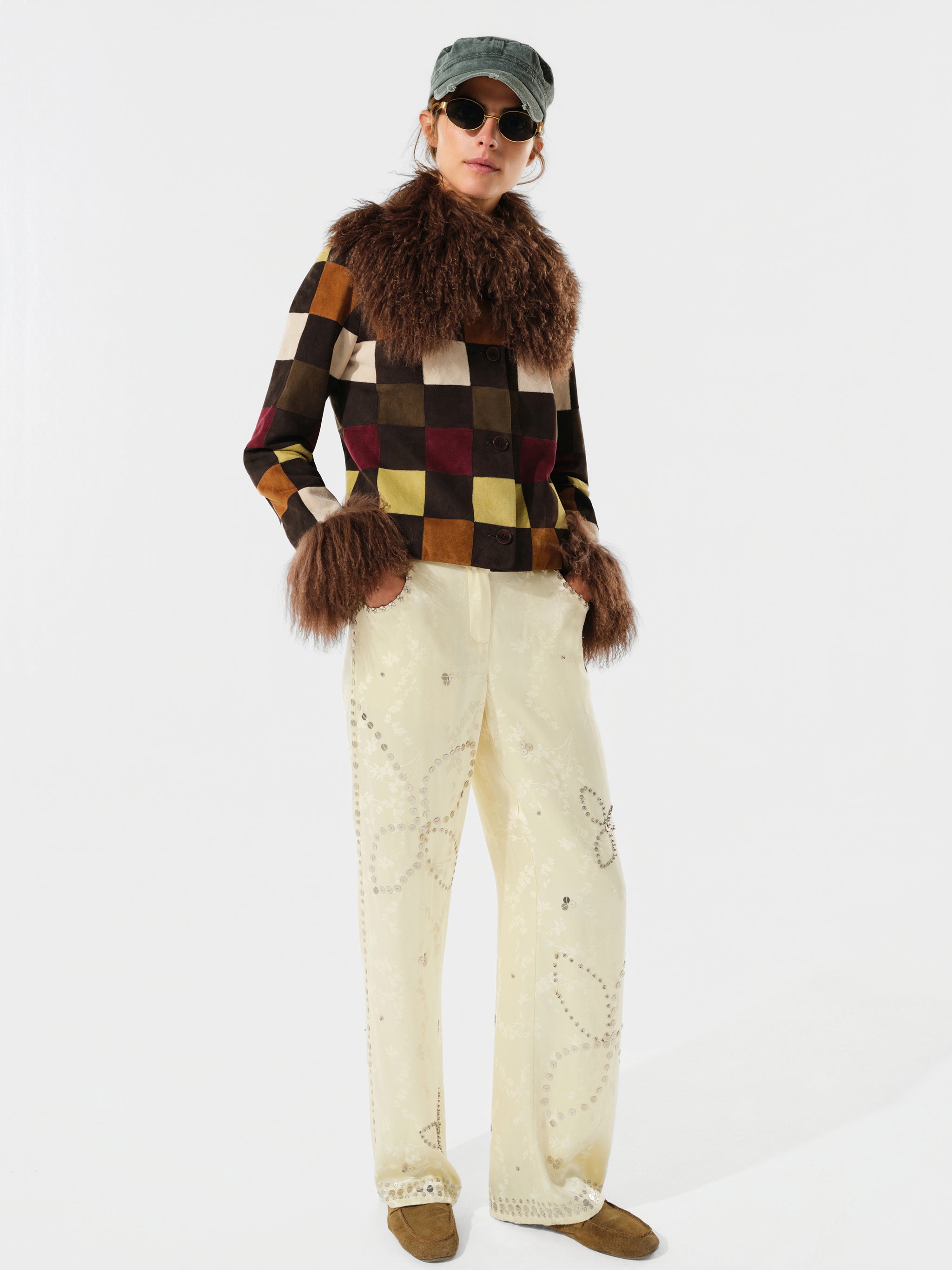 RONCH - Checkered fur-trim cropped jacket