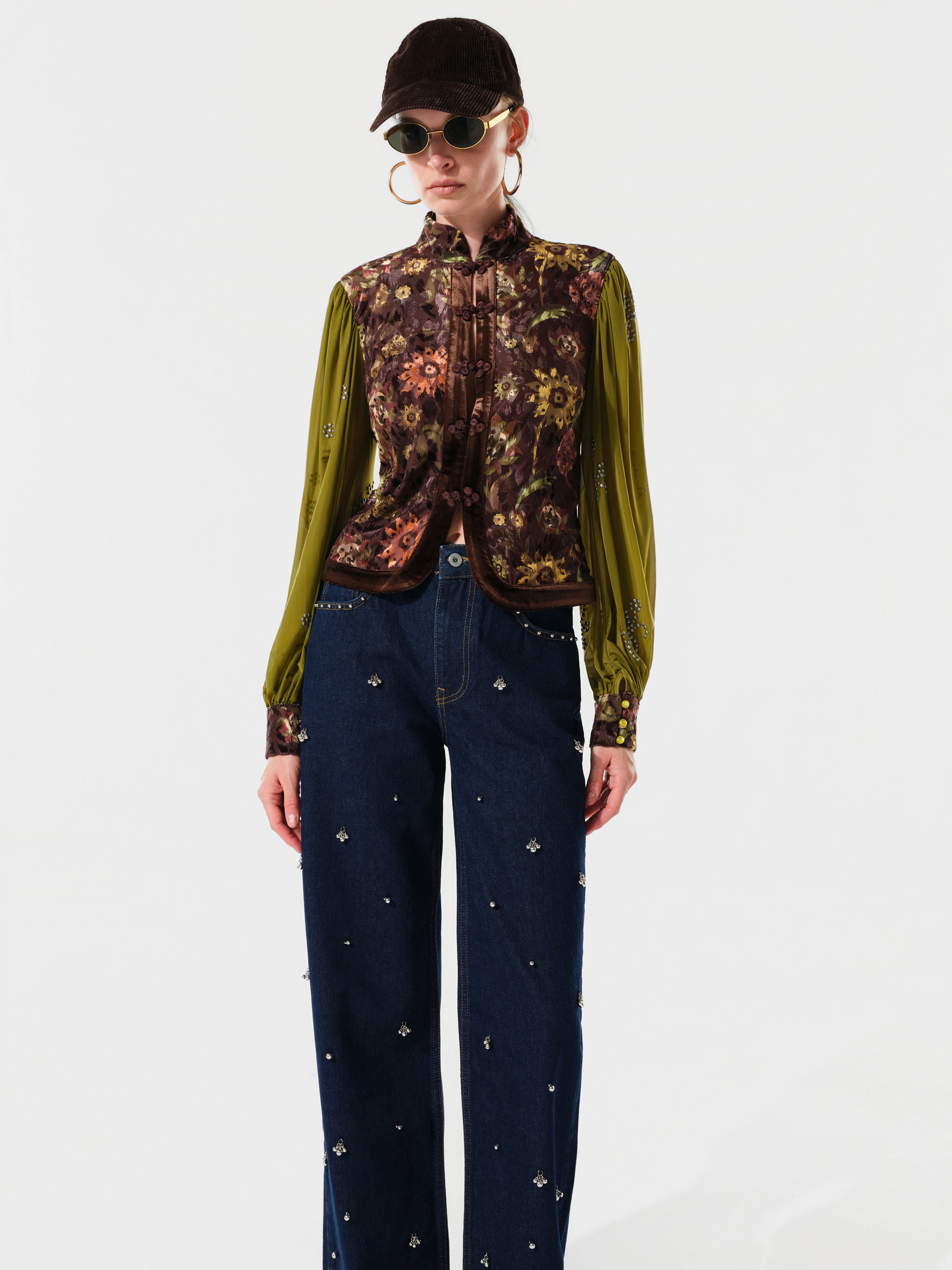 GILLIE - Mixed-fabric floral print shirt top