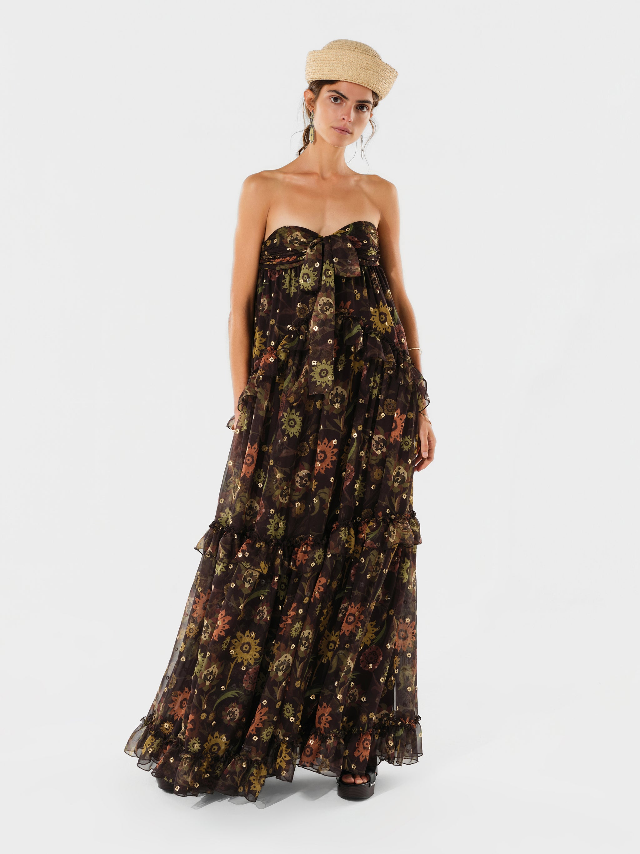 JOSIANE - Strapless sheer ruffled maxi dress