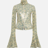 JUN - Sequined fluted top with front zipper