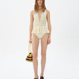 BELENNA - Ruffled and embellished open-back swimsuit
