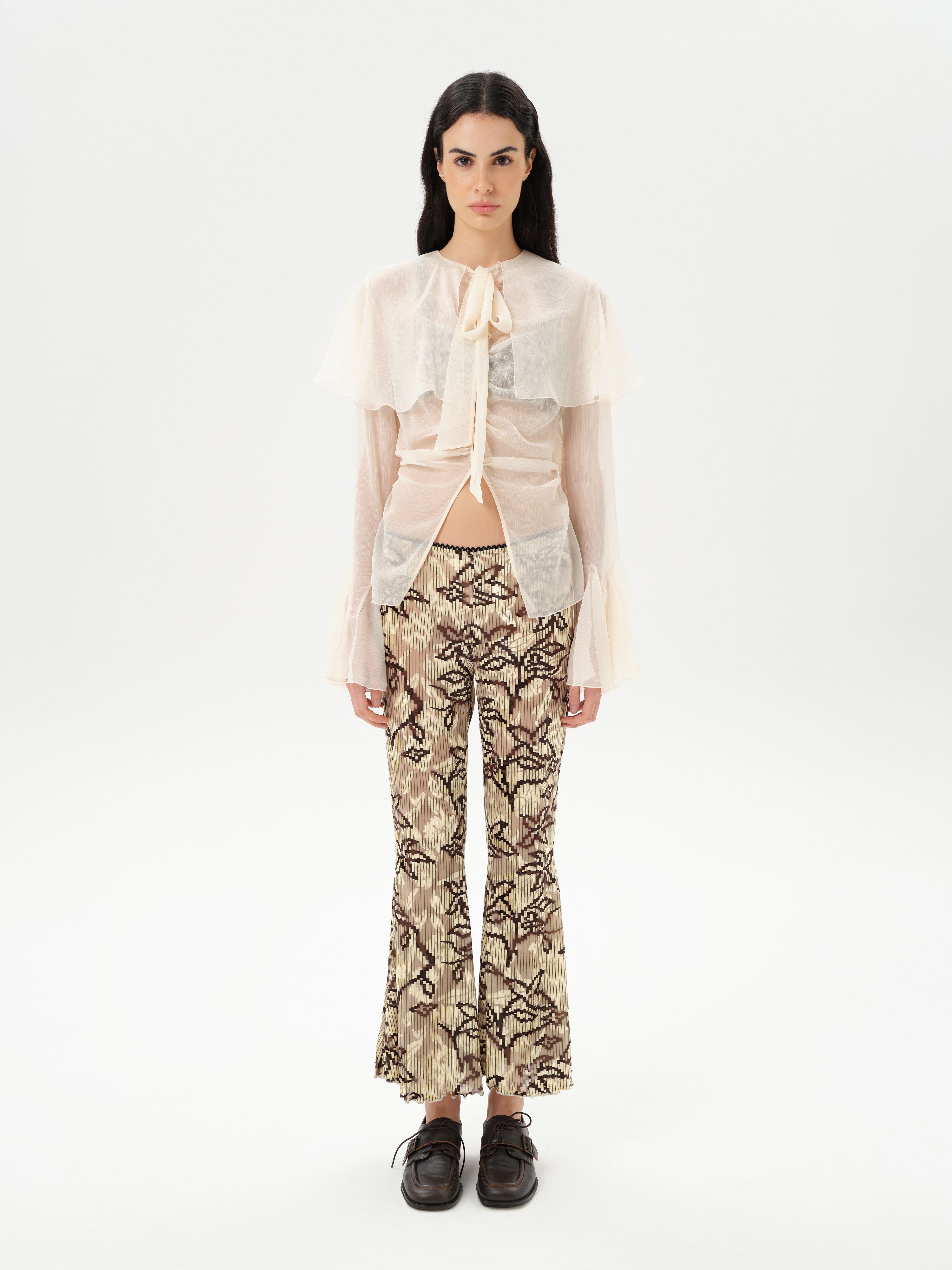 STELLA - Sheer chiffon long-sleeve blouse with  deep V-neck design