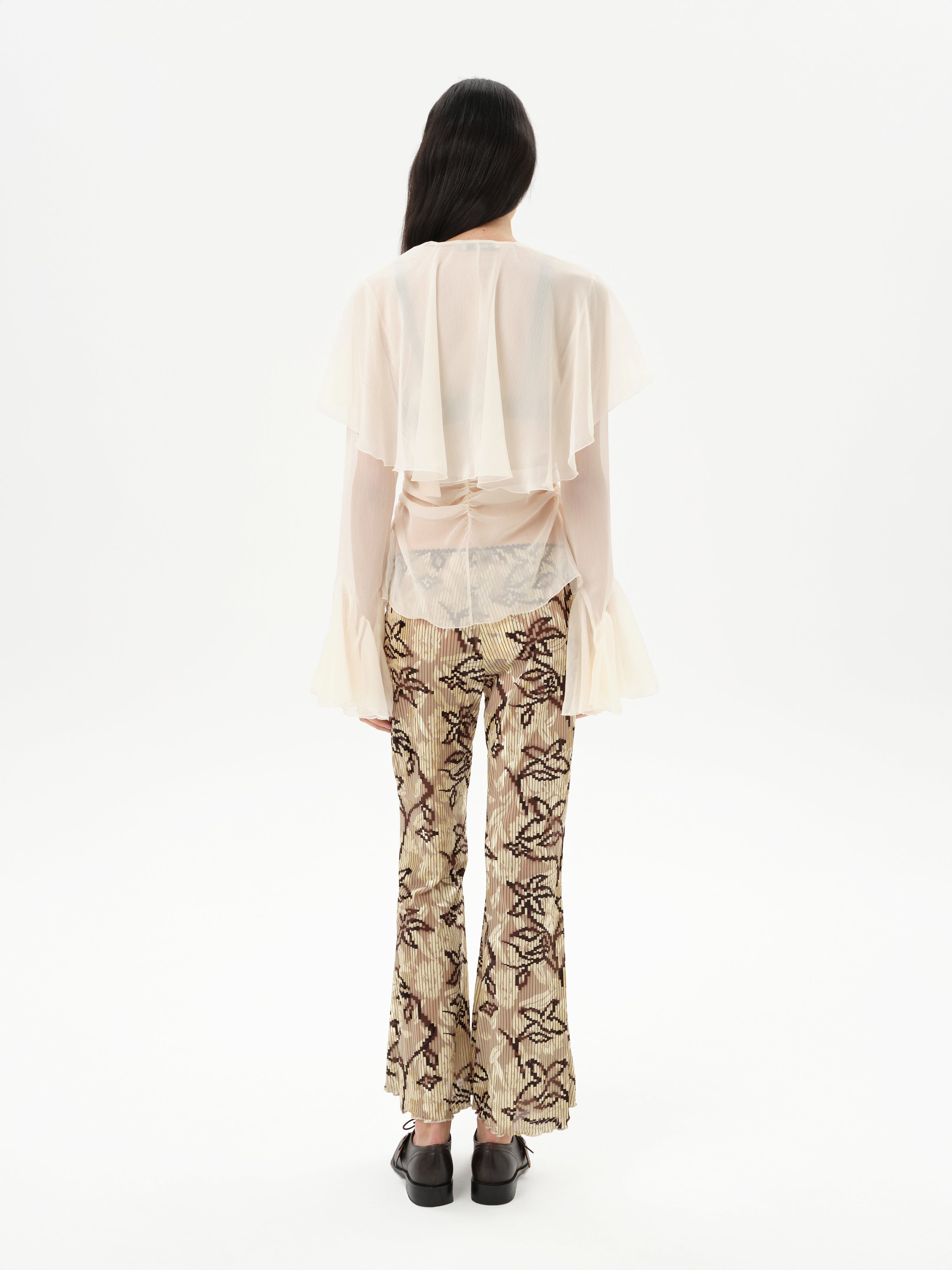 STELLA - Sheer chiffon long-sleeve blouse with  deep V-neck design