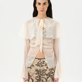 STELLA - Sheer chiffon long-sleeve blouse with  deep V-neck design