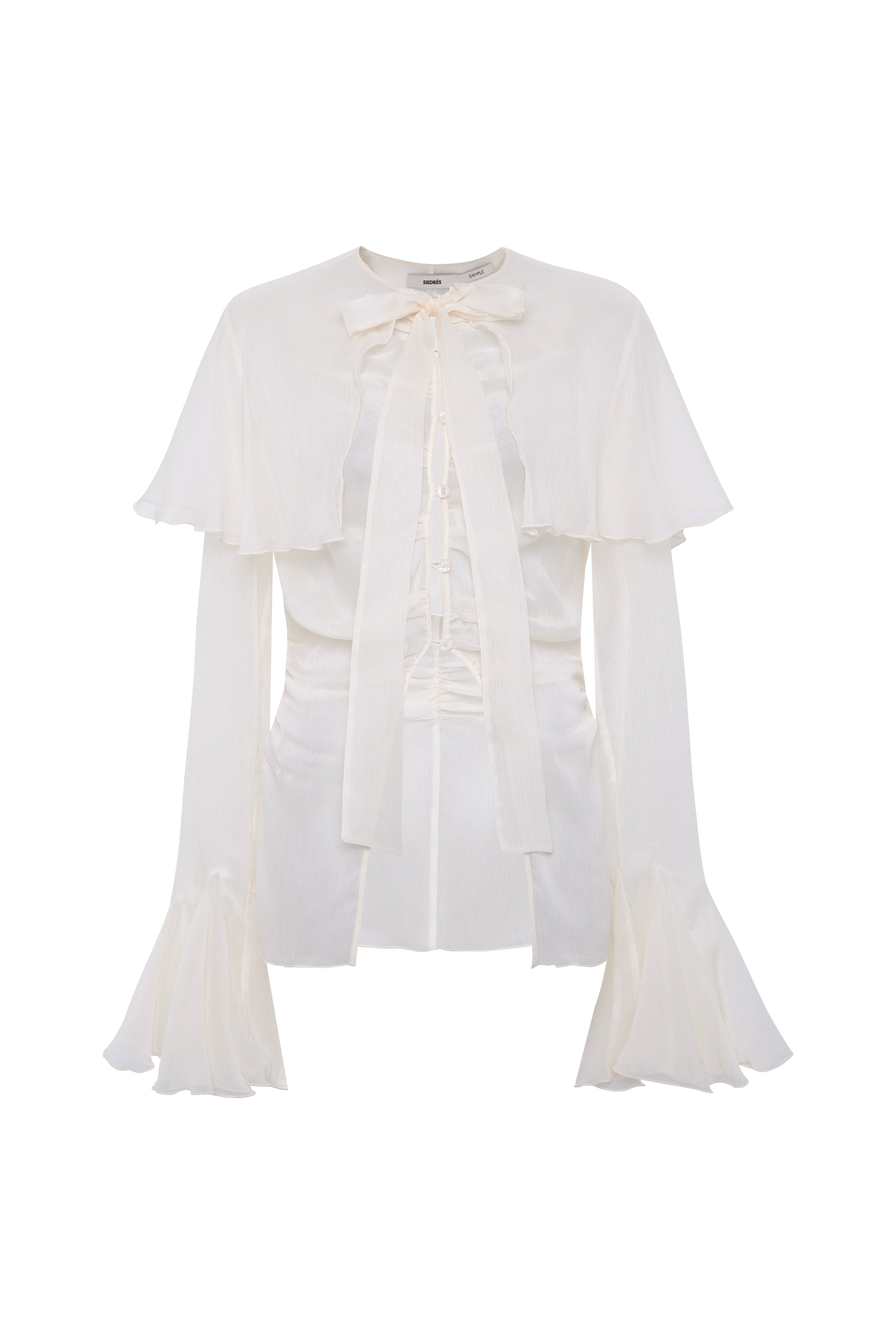 STELLA - Sheer chiffon long-sleeve blouse with  deep V-neck design