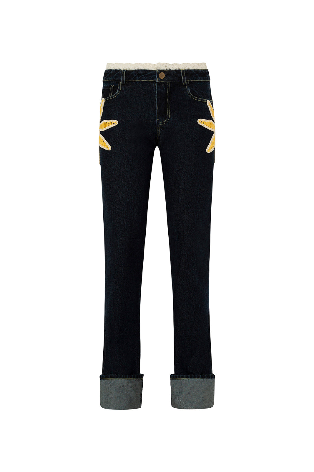SUN - Denim pants with crochet sunflower