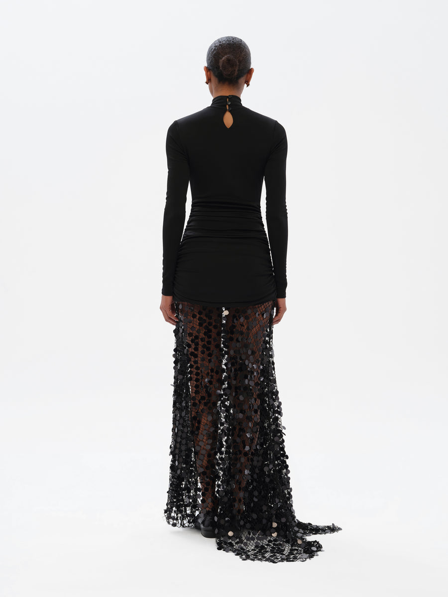 BERN - Tie-front mock neck sequined maxi dress