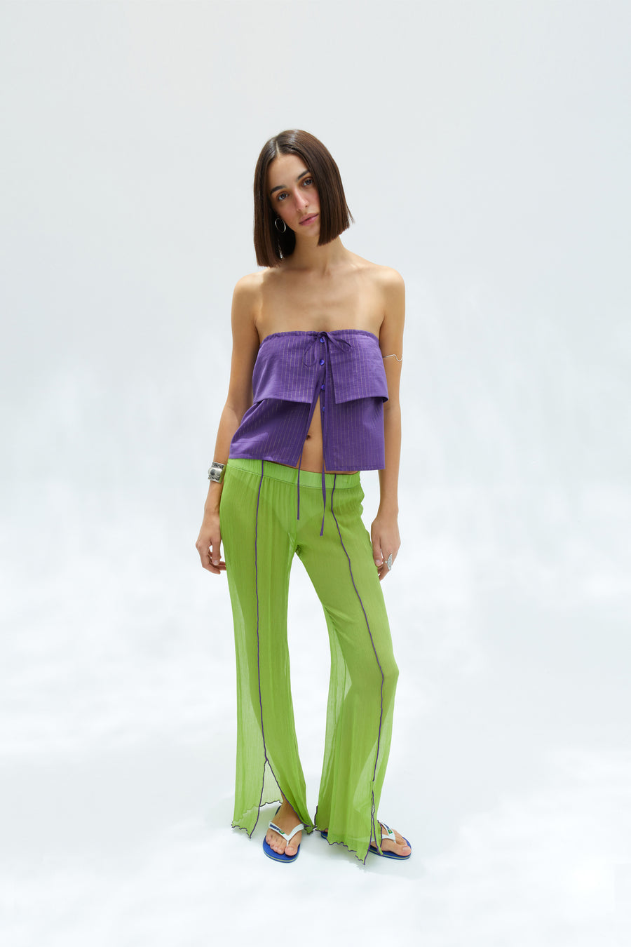 GUDO - Chiffon pants with front slits and contrast stitching