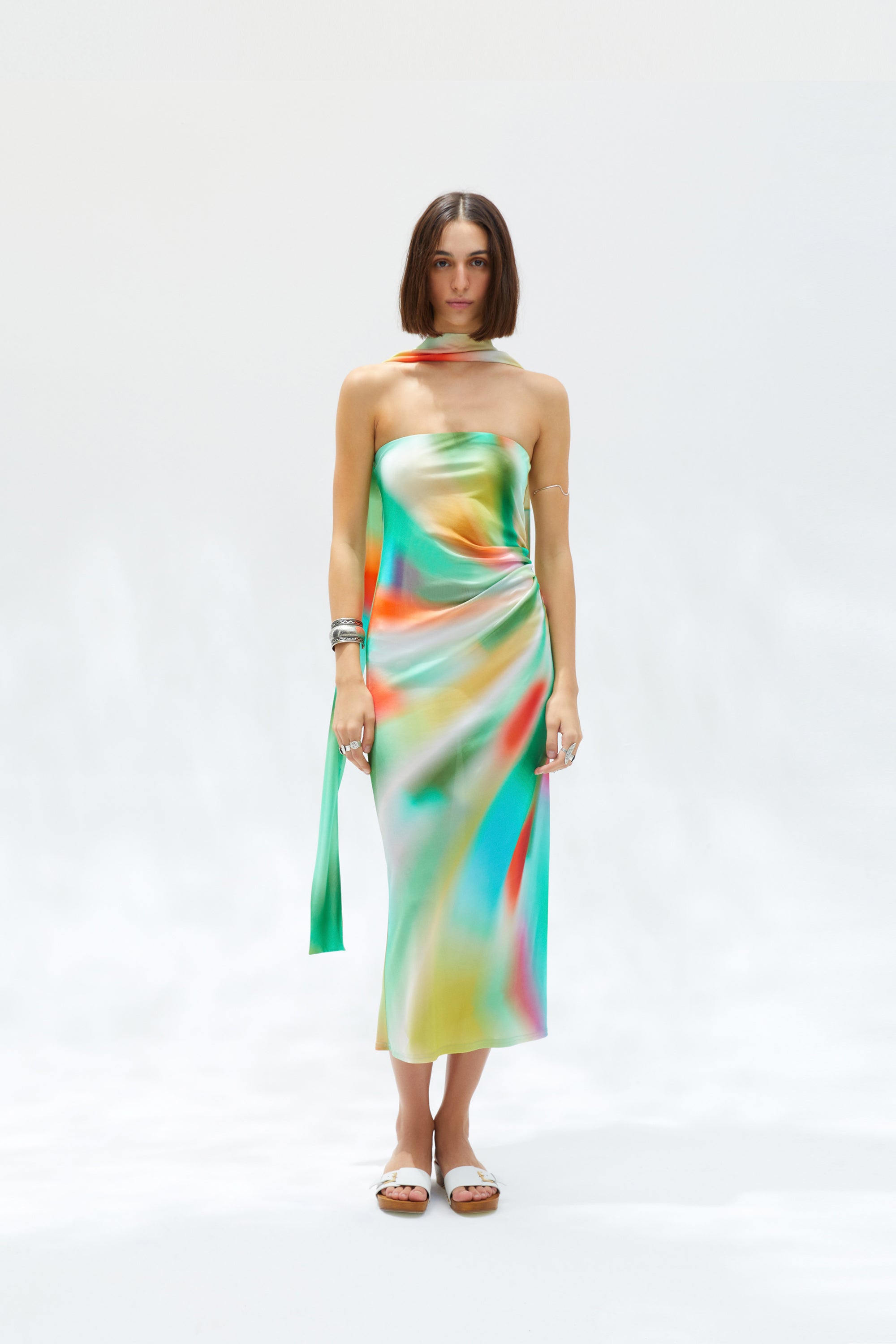MISTY - Sun-ray printed strapless jersey dress