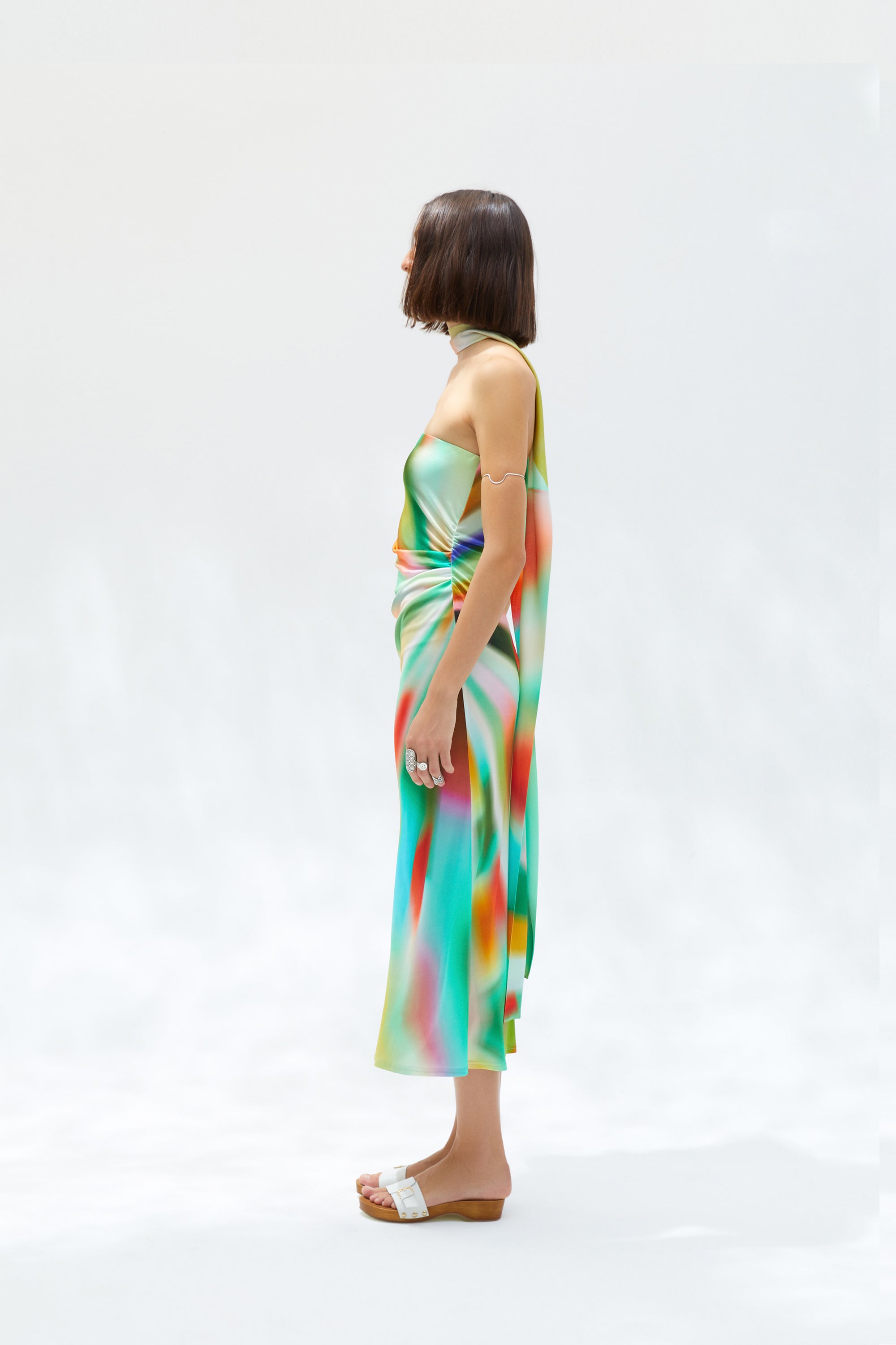 MISTY - Sun-ray printed strapless jersey dress