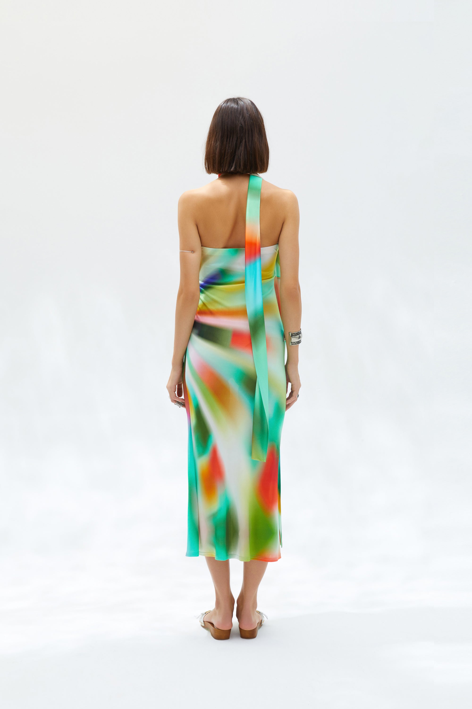 MISTY - Sun-ray printed strapless jersey dress