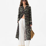ALINDA - Floral print shirt style linen midi dress with contrast fringe trim