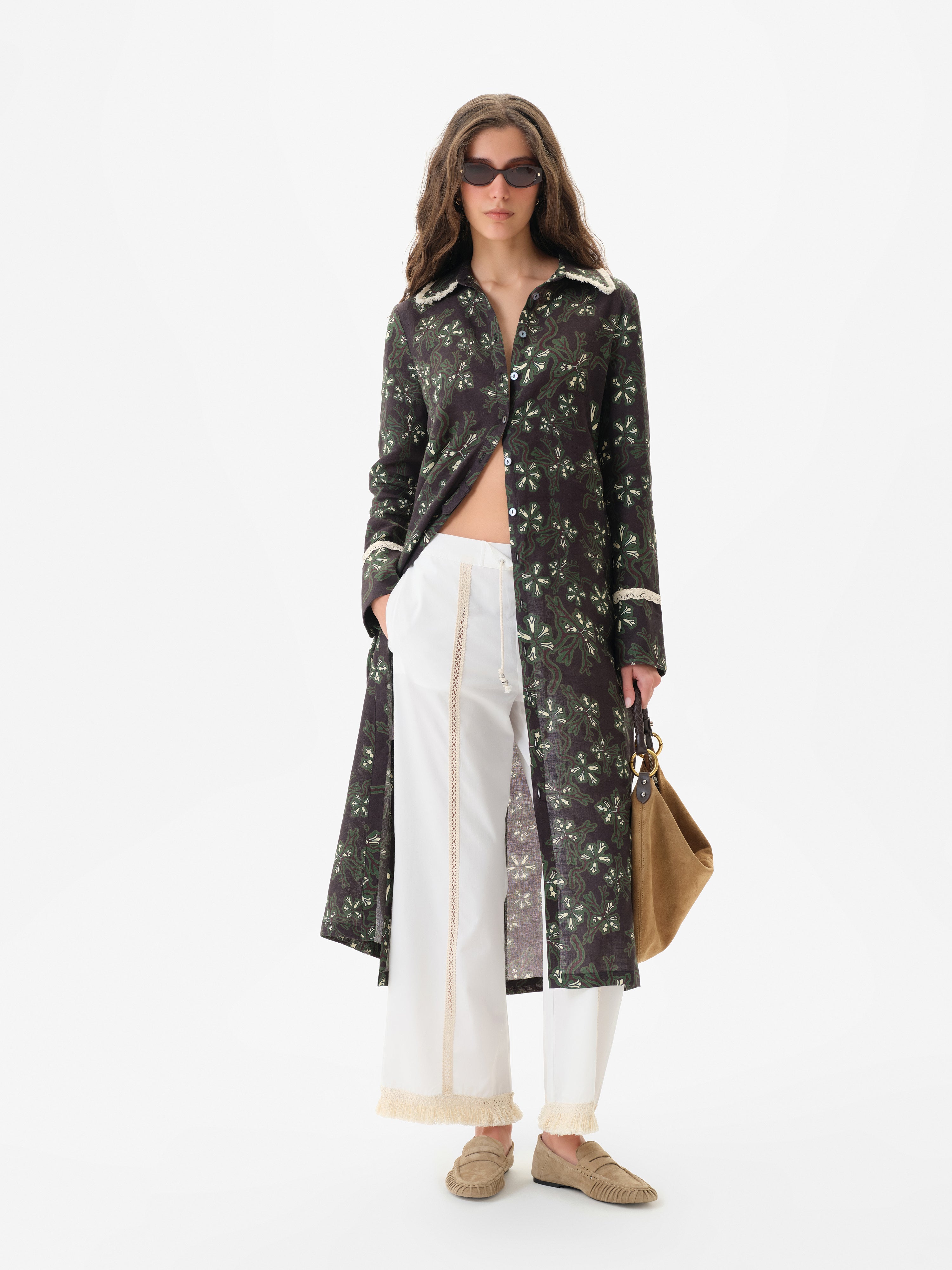 SAVINA - Lace trimmed drawstring cotton pants with fringed hems