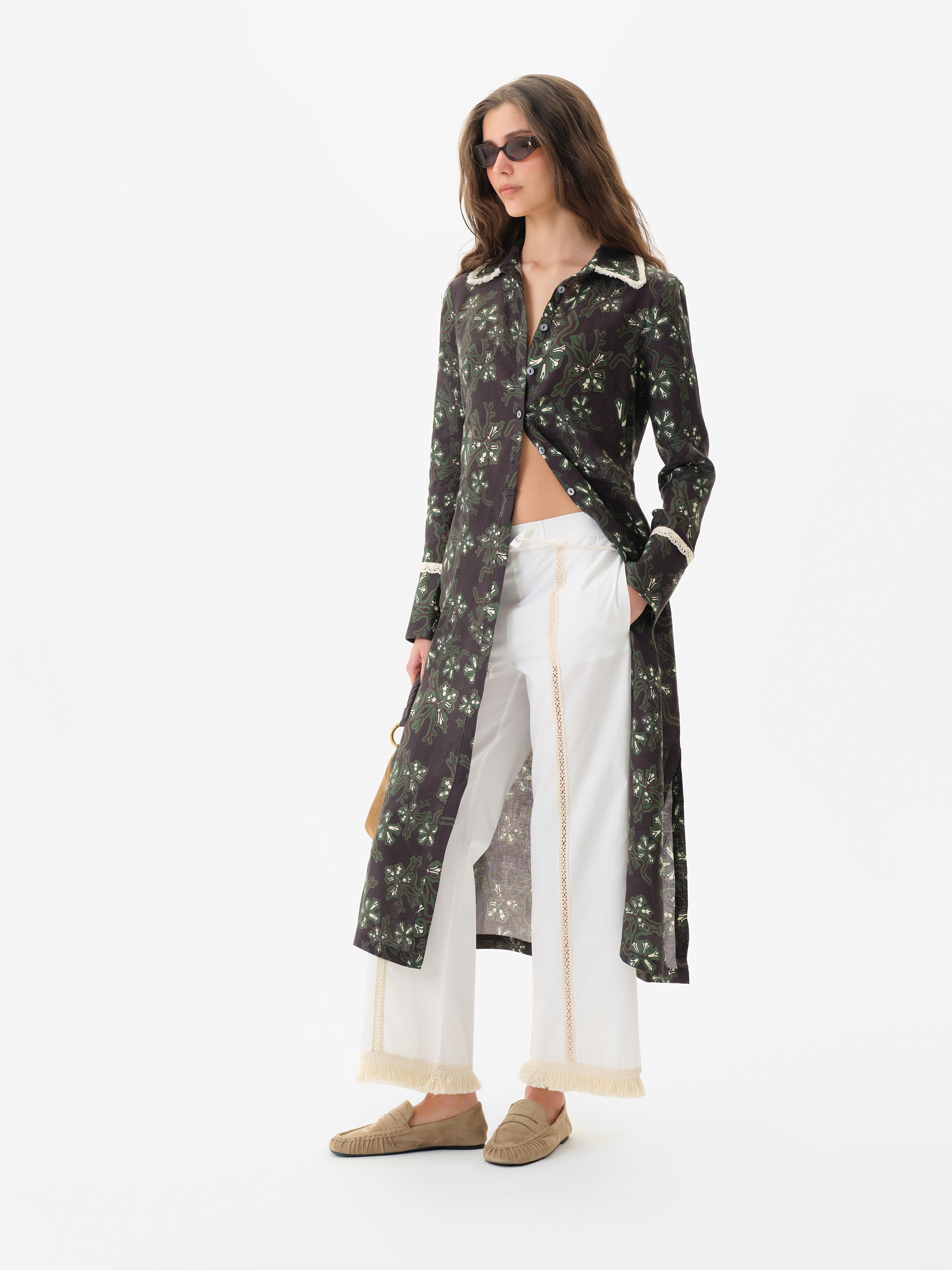 SAVINA - Lace trimmed drawstring cotton pants with fringed hems