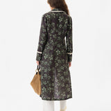 ALINDA - Floral print shirt style linen midi dress with contrast fringe trim