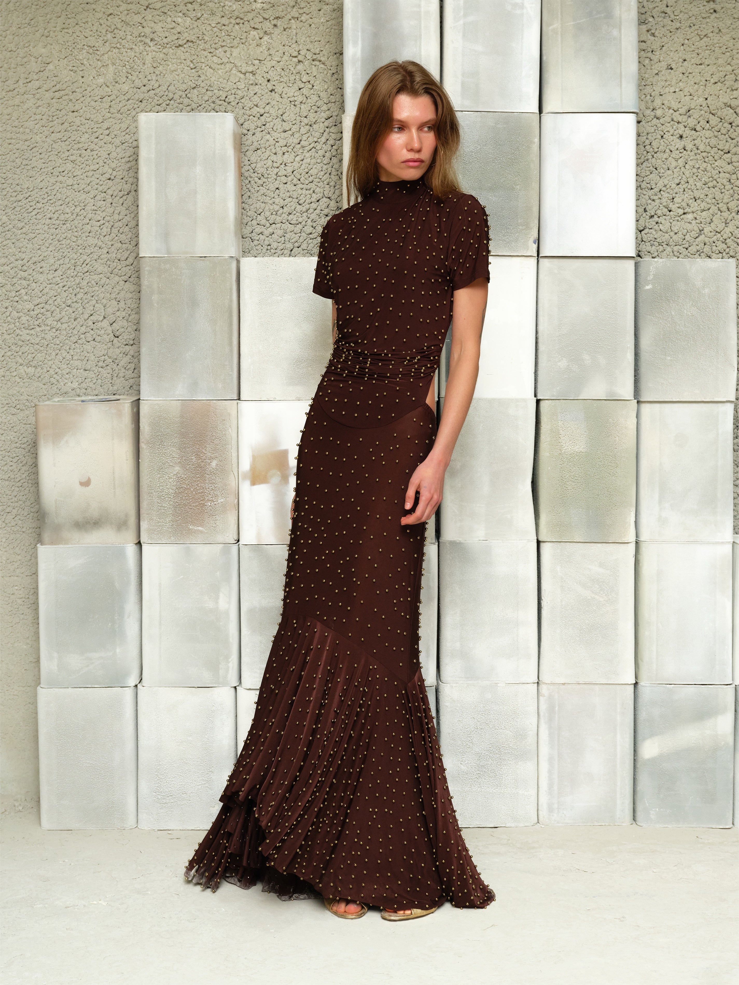 TOVI - Gold studded open-back jersey maxi dress