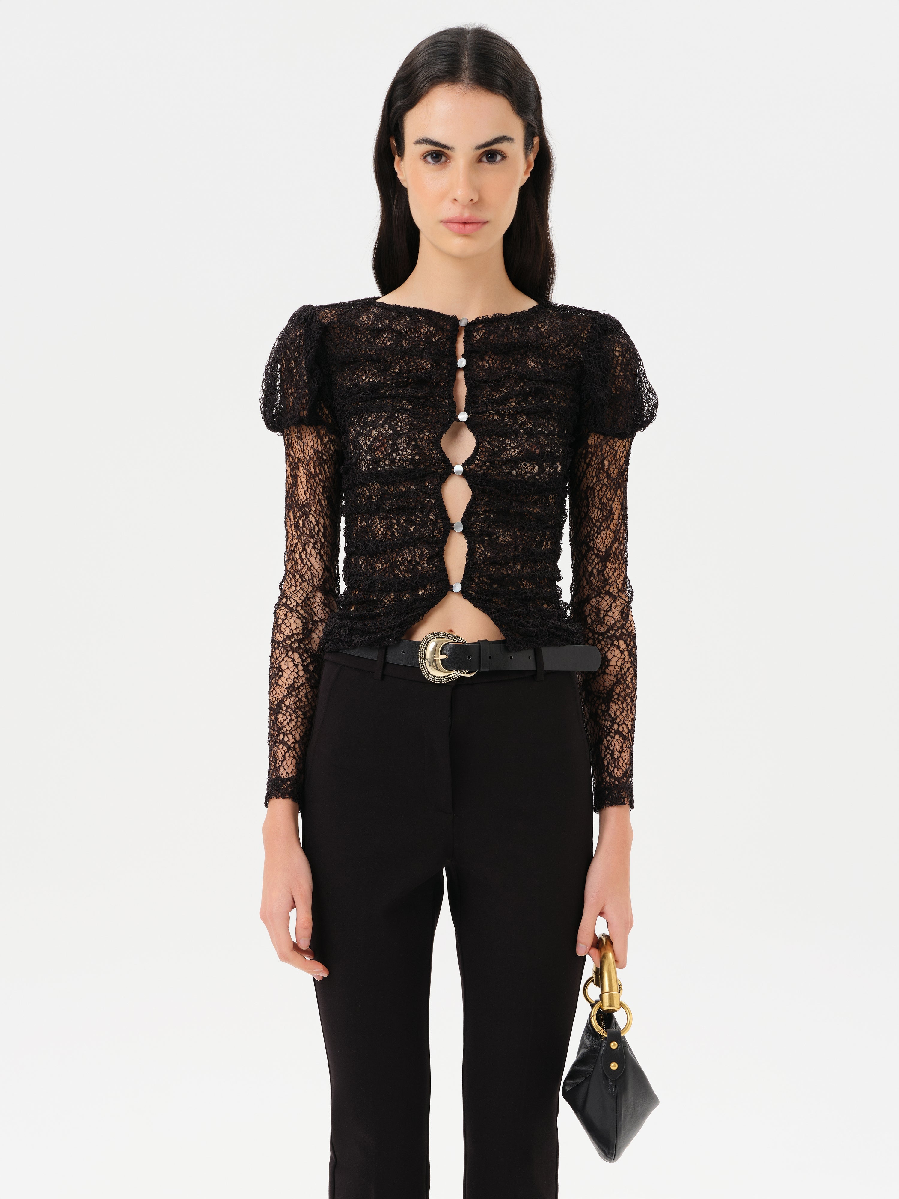 UMA - Semi sheer lace top with front button closure
