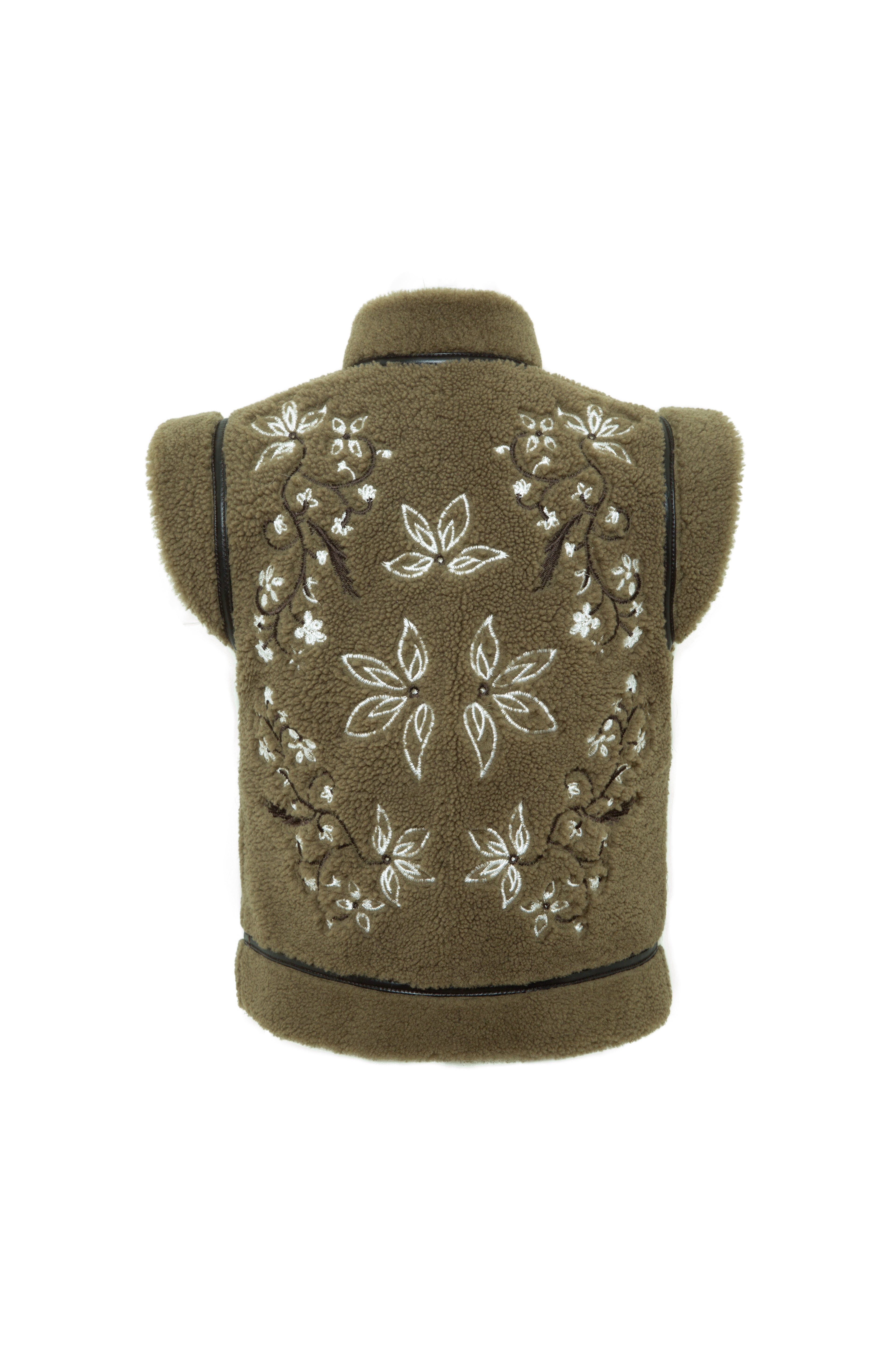 VALENTINA - Embroidered shearling vest with leather trim