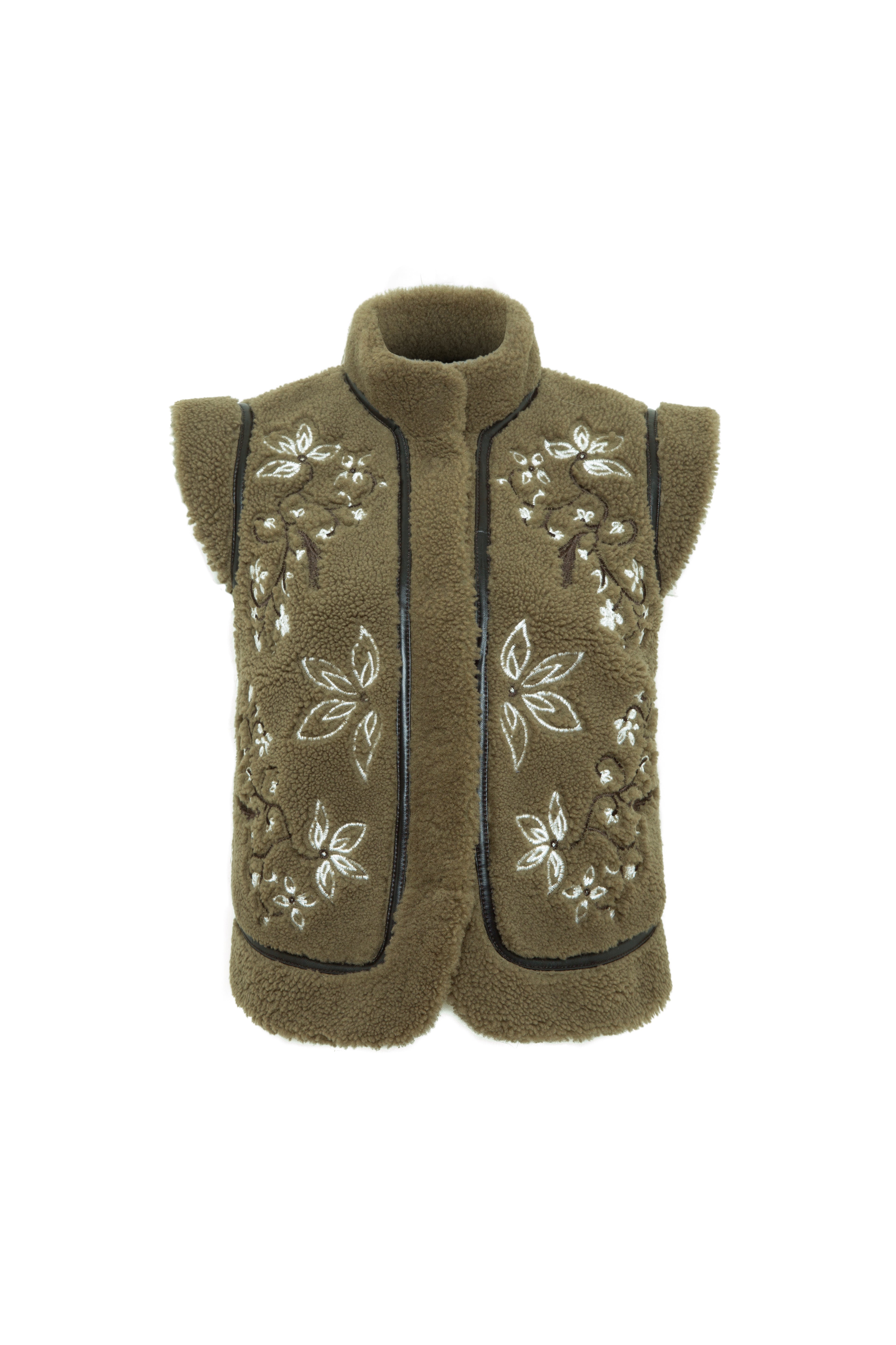 VALENTINA - Embroidered shearling vest with leather trim