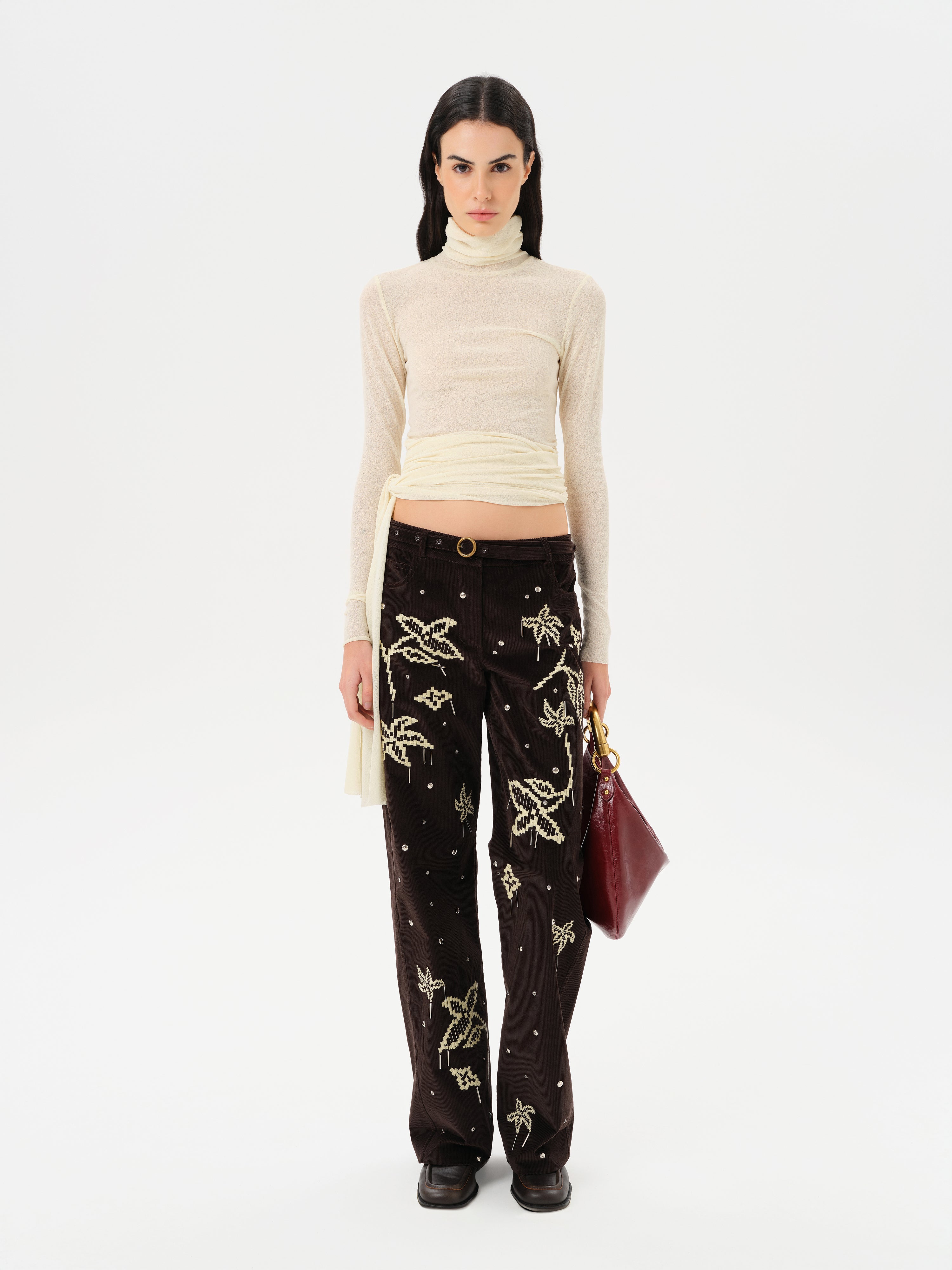 VERA - Low-rise corduroy pants with all-over embroidery