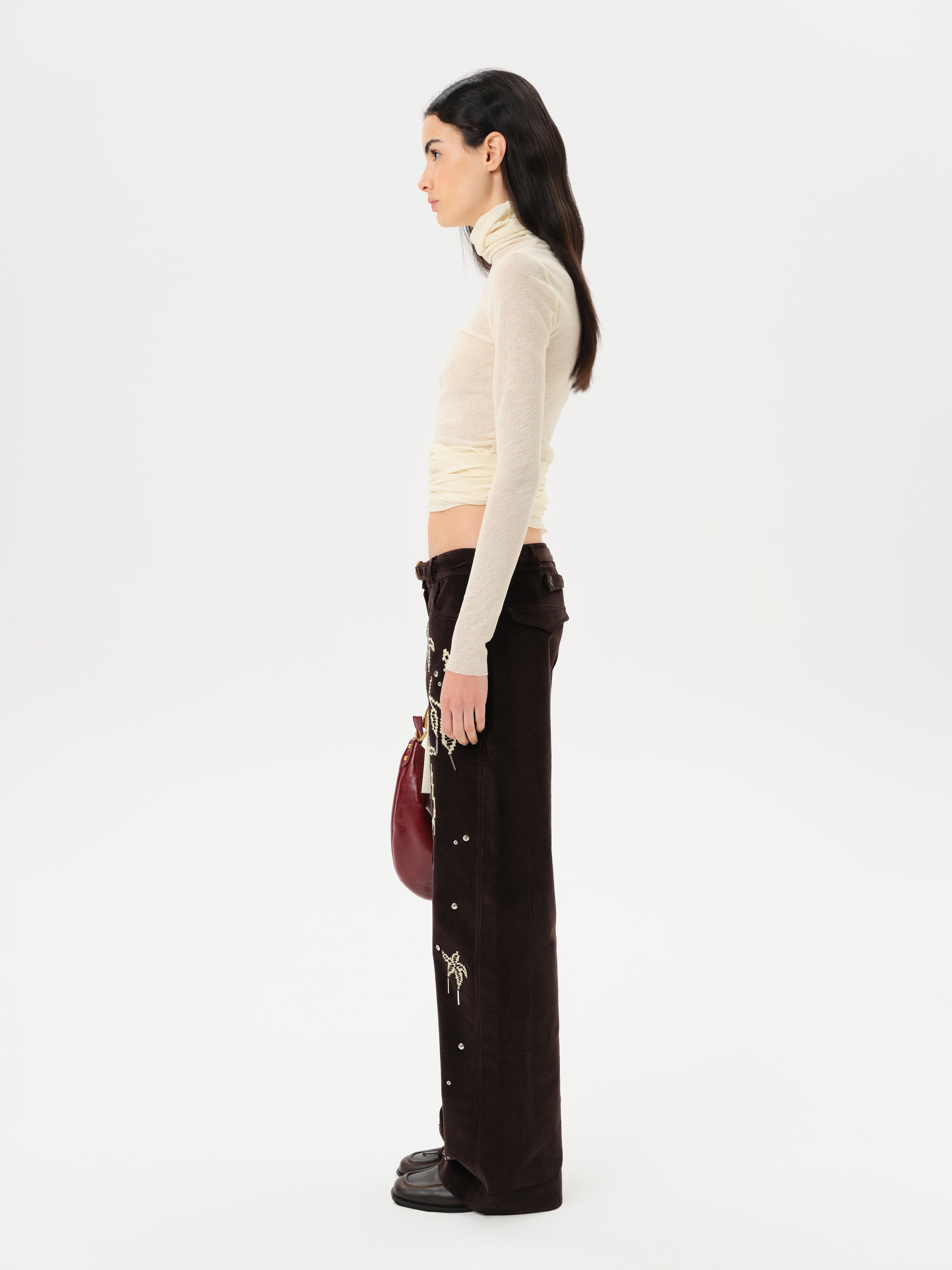 VERA - Low-rise corduroy pants with all-over embroidery