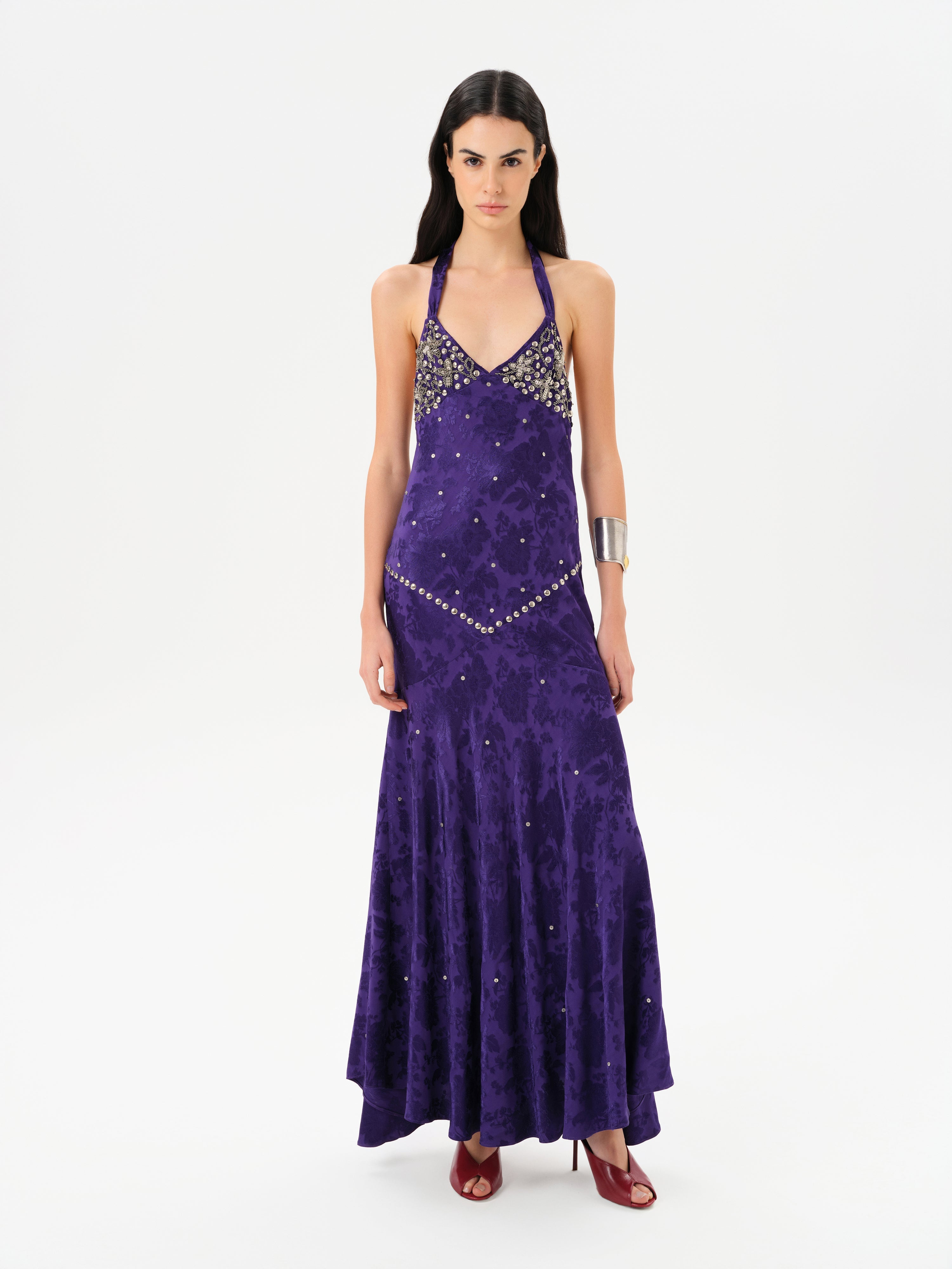 VICKA - Open-back embellished satin maxi dress