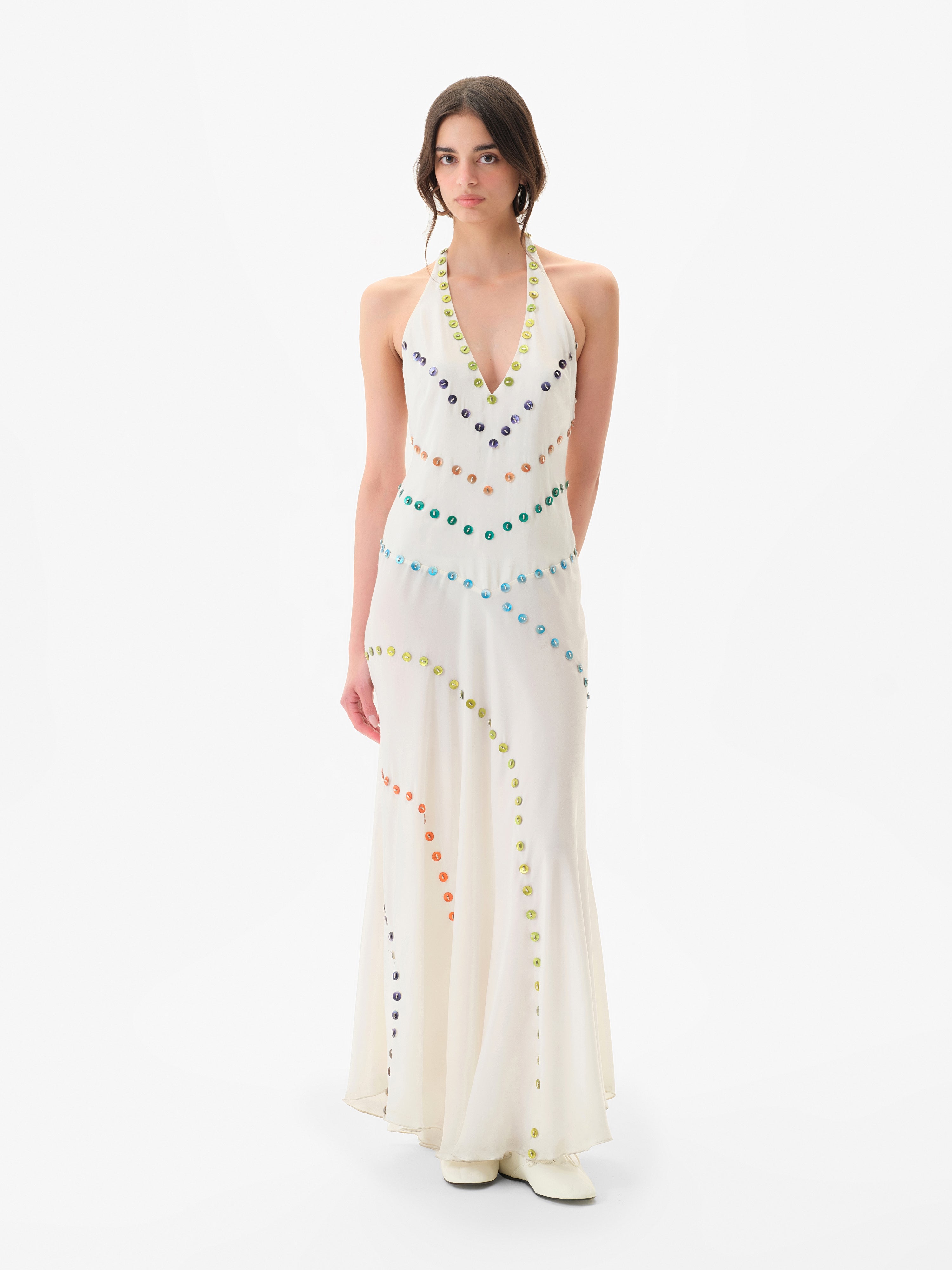 VICKA - Satin maxi dress with multicolored bead embroidery